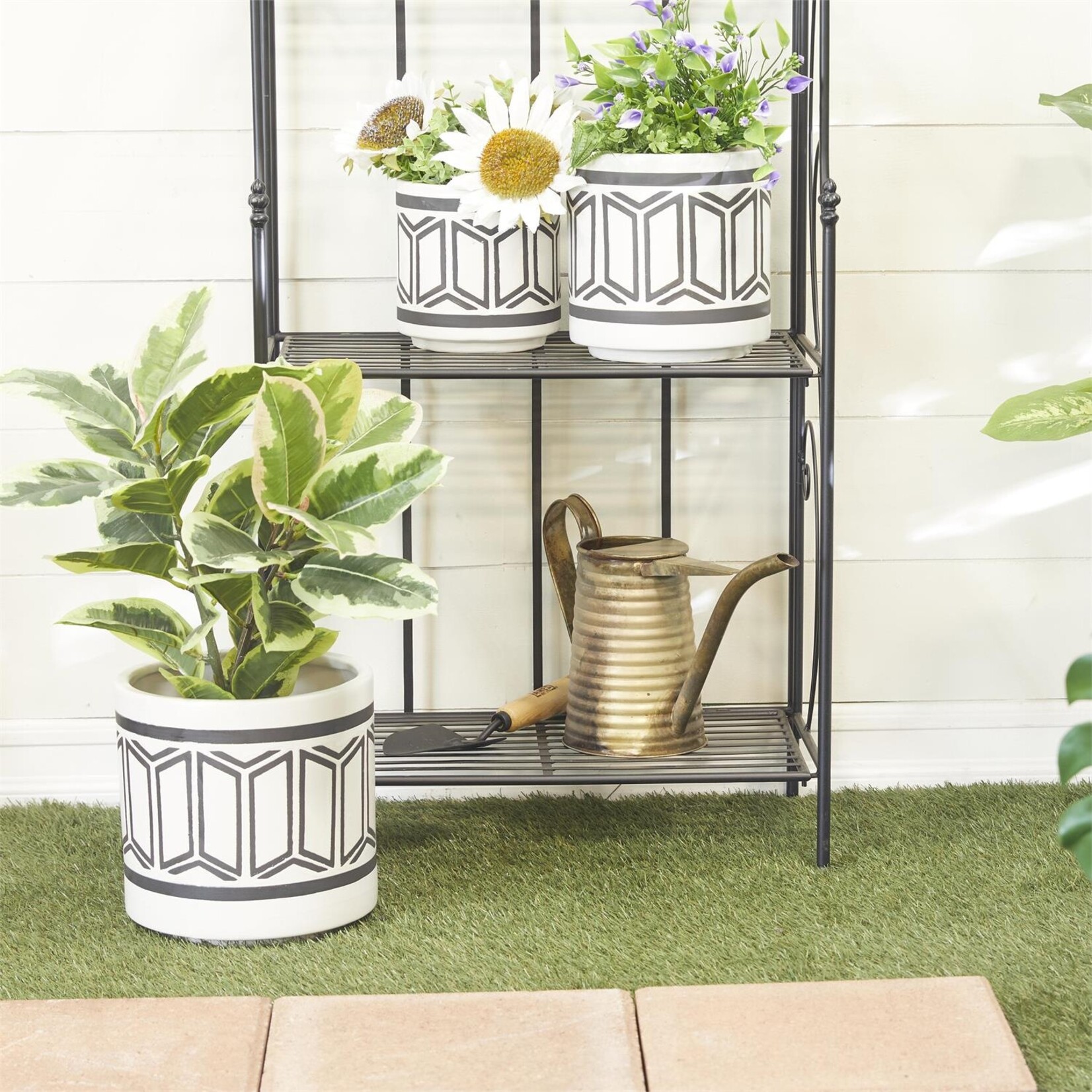 Uma White Ceramic Indoor Outdoor Planter with Tribal Pattern, Set of 3