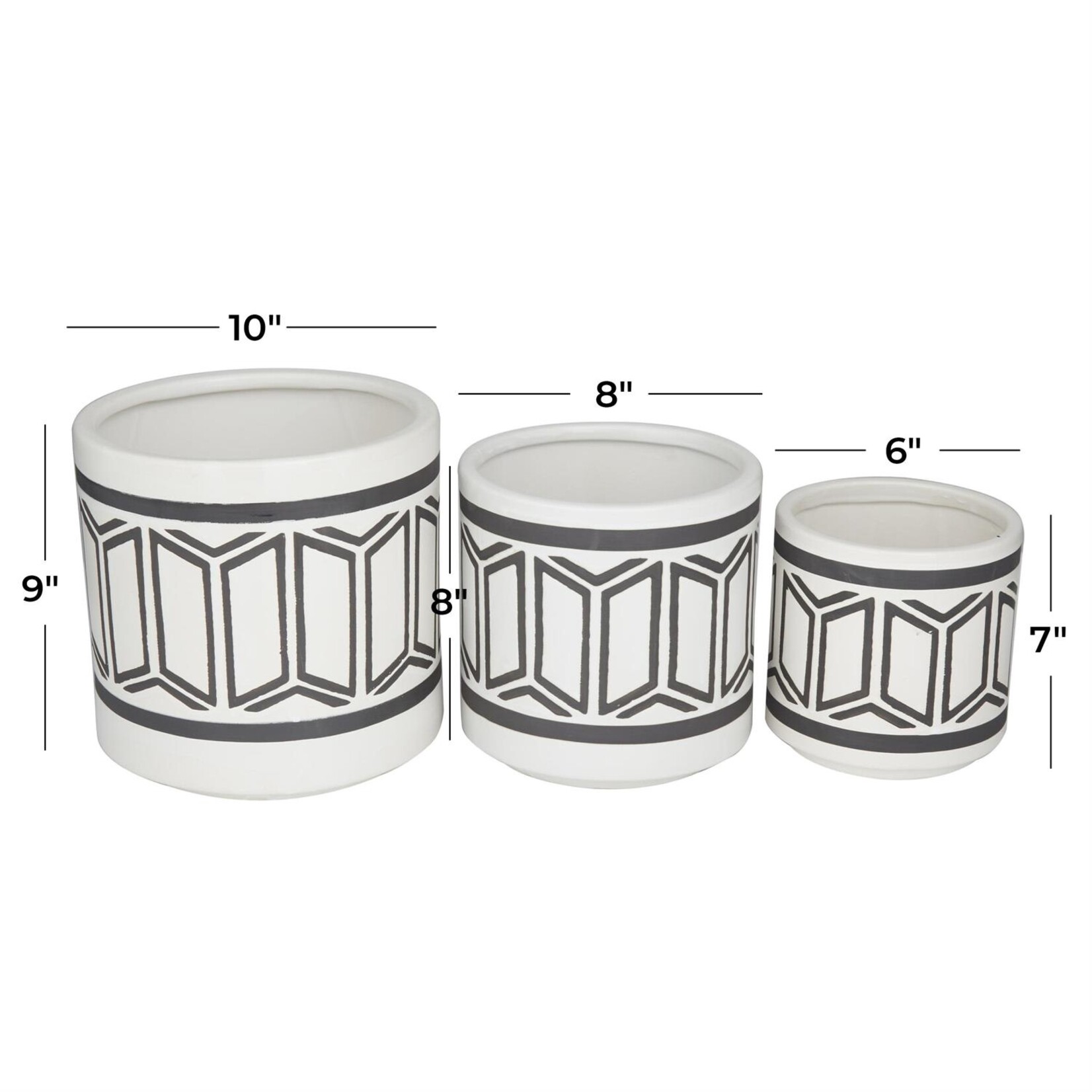 Uma White Ceramic Indoor Outdoor Planter with Tribal Pattern, Set of 3