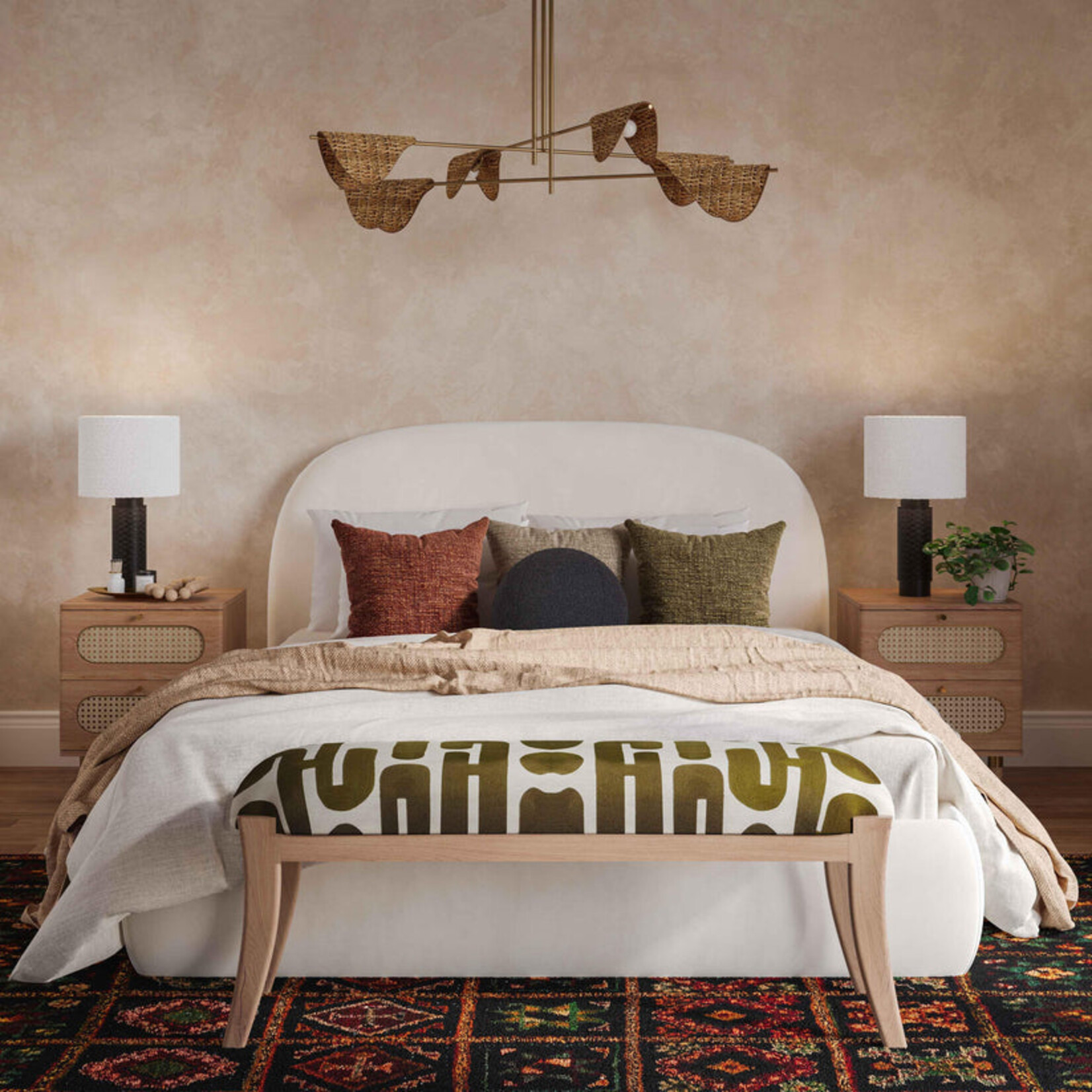 TOV Arielle Olive & White Embroidered Bench