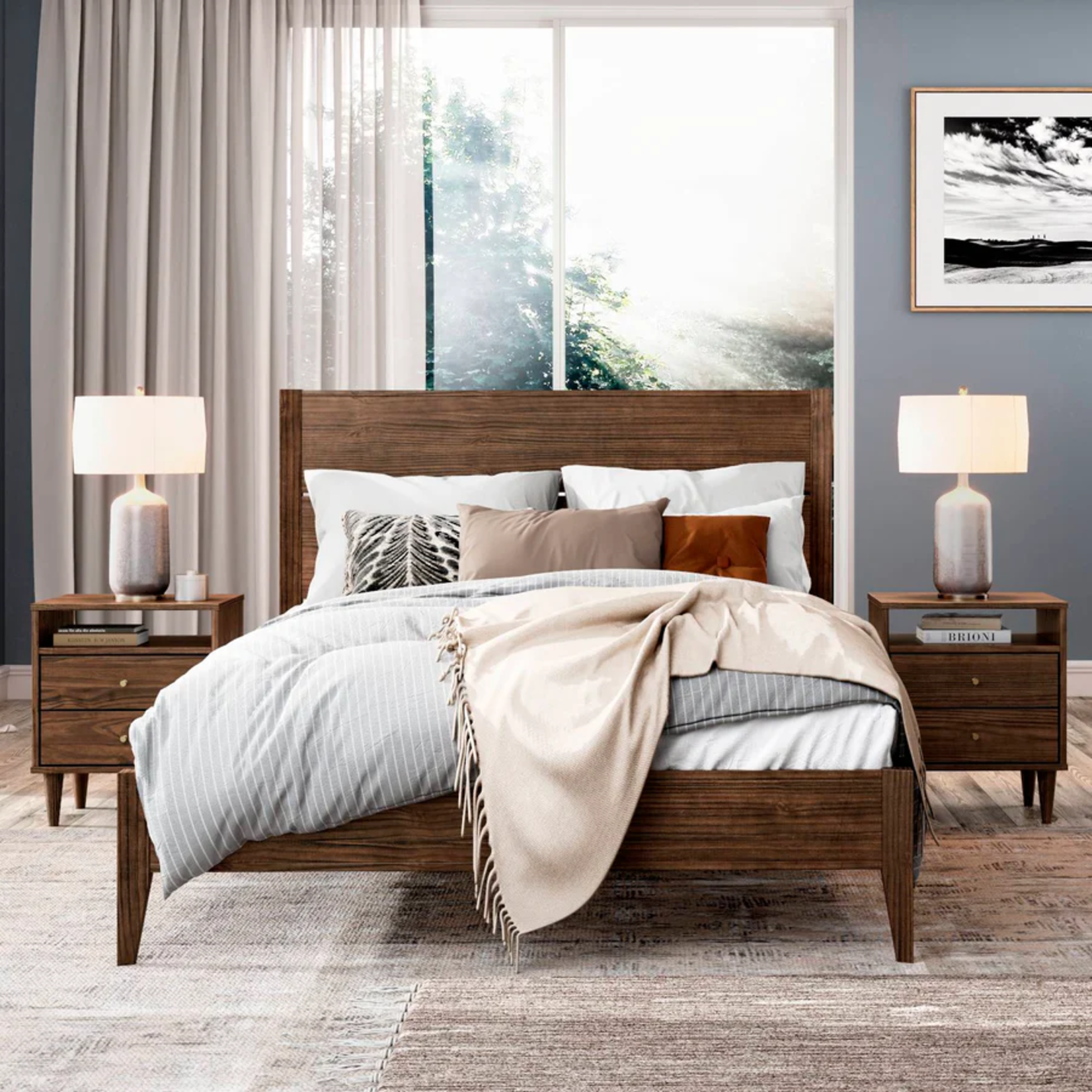GrainWood MID CENTURY Queen Platform Bed - Solid Wood - Finish Brushed Walnut