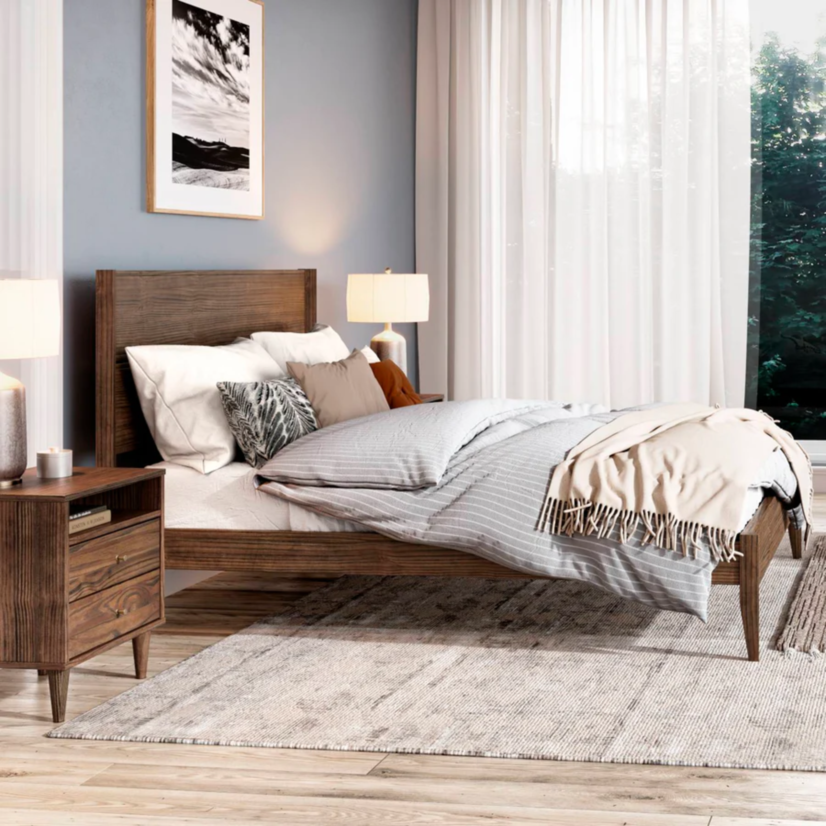GrainWood MID CENTURY Queen Platform Bed - Solid Wood - Finish Brushed Walnut