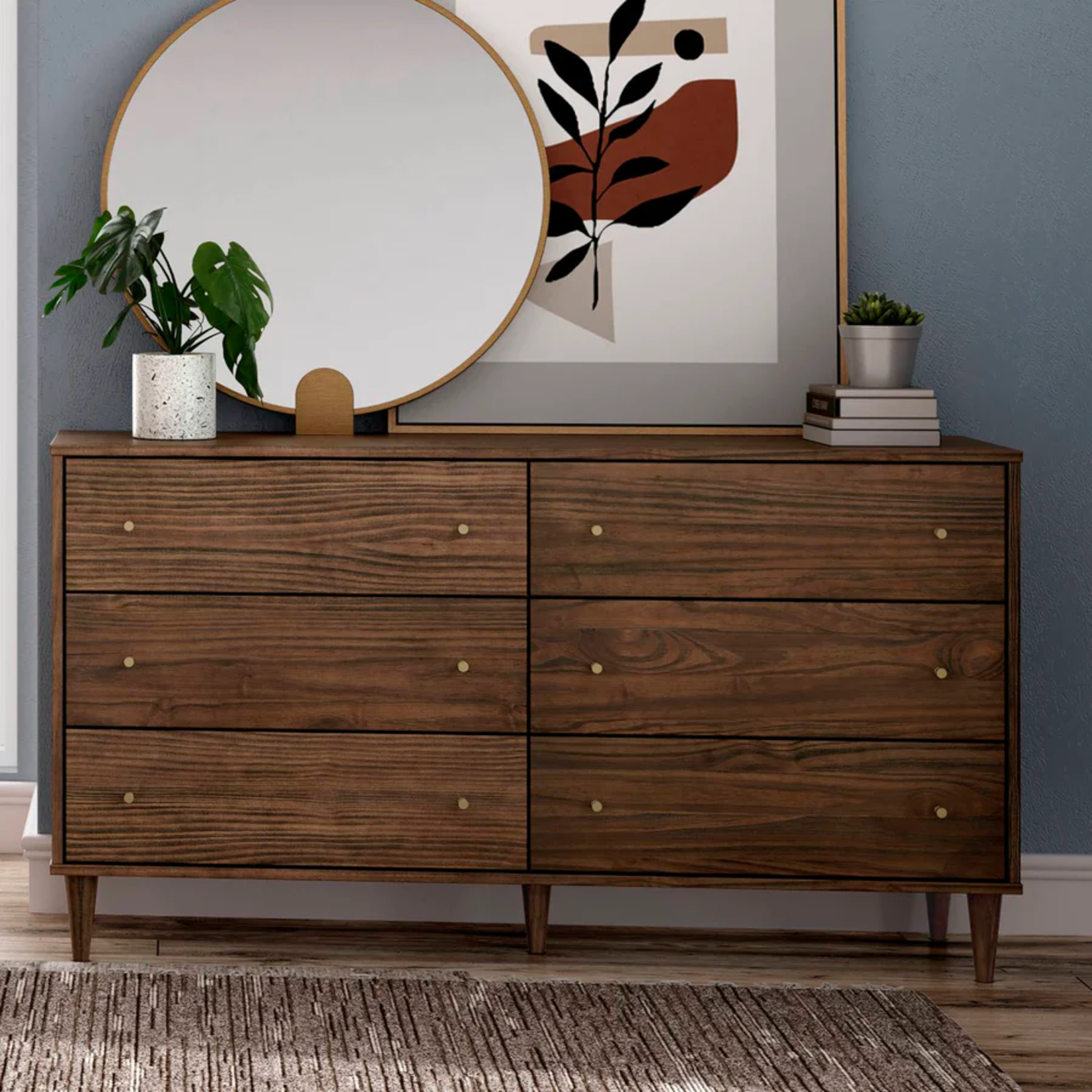 GrainWood MID CENTURY 6 Drawer Dresser - Solid Wood - Finish Brushed Walnut