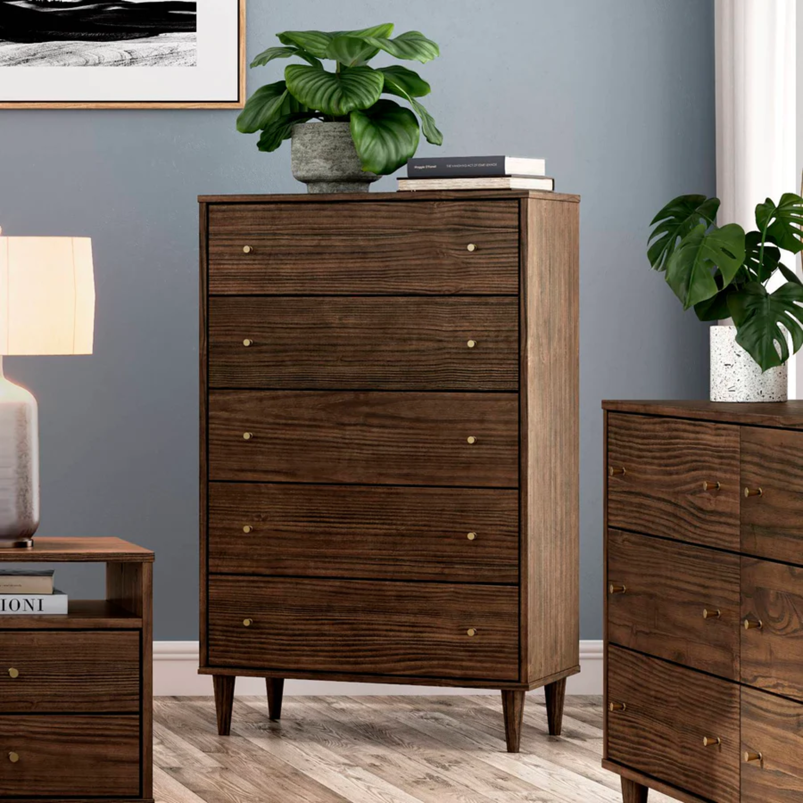 GrainWood MID CENTURY 5 Drawer Chest - Solid Wood - Finish Brushed Walnut STURDY