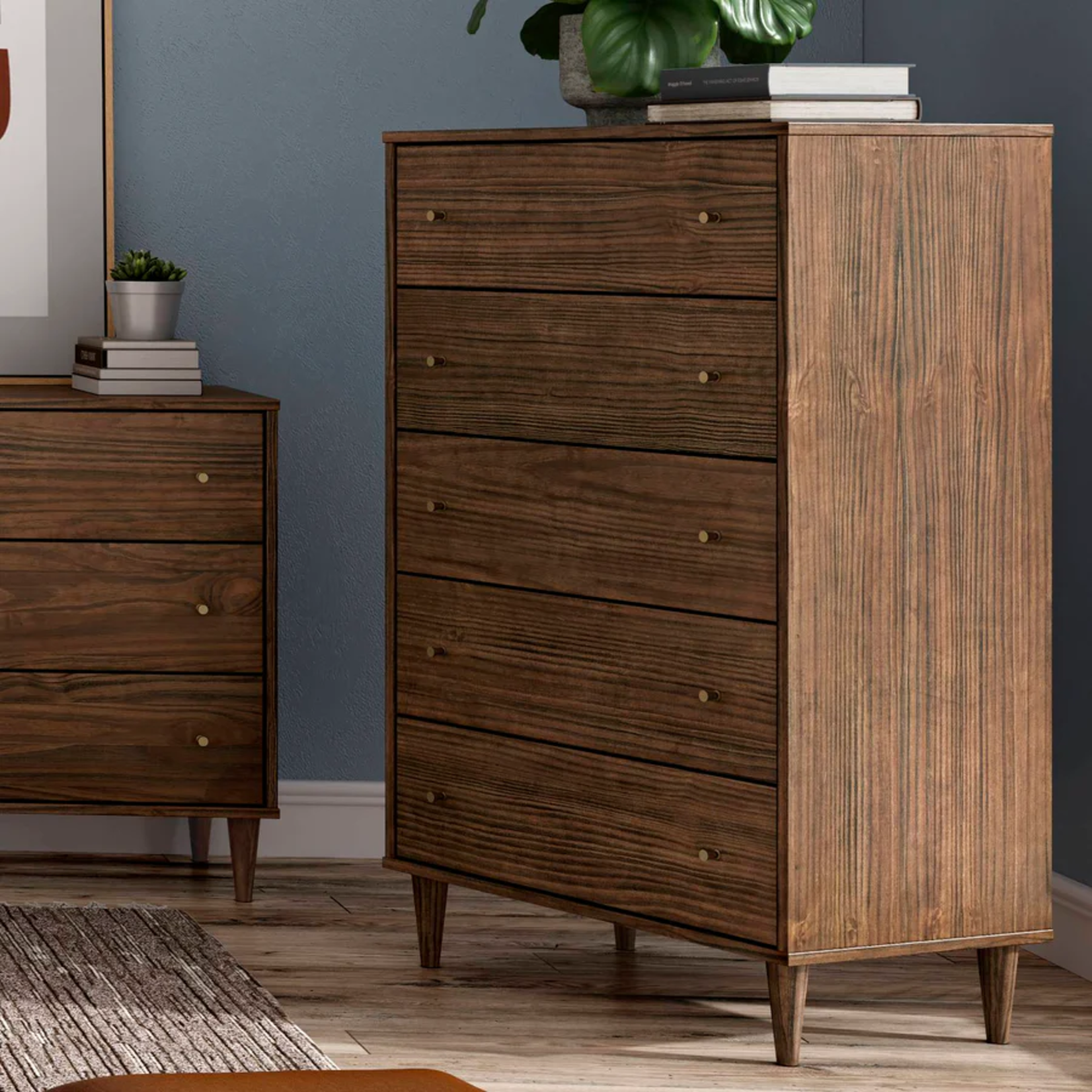 GrainWood MID CENTURY 5 Drawer Chest - Solid Wood - Finish Brushed Walnut STURDY