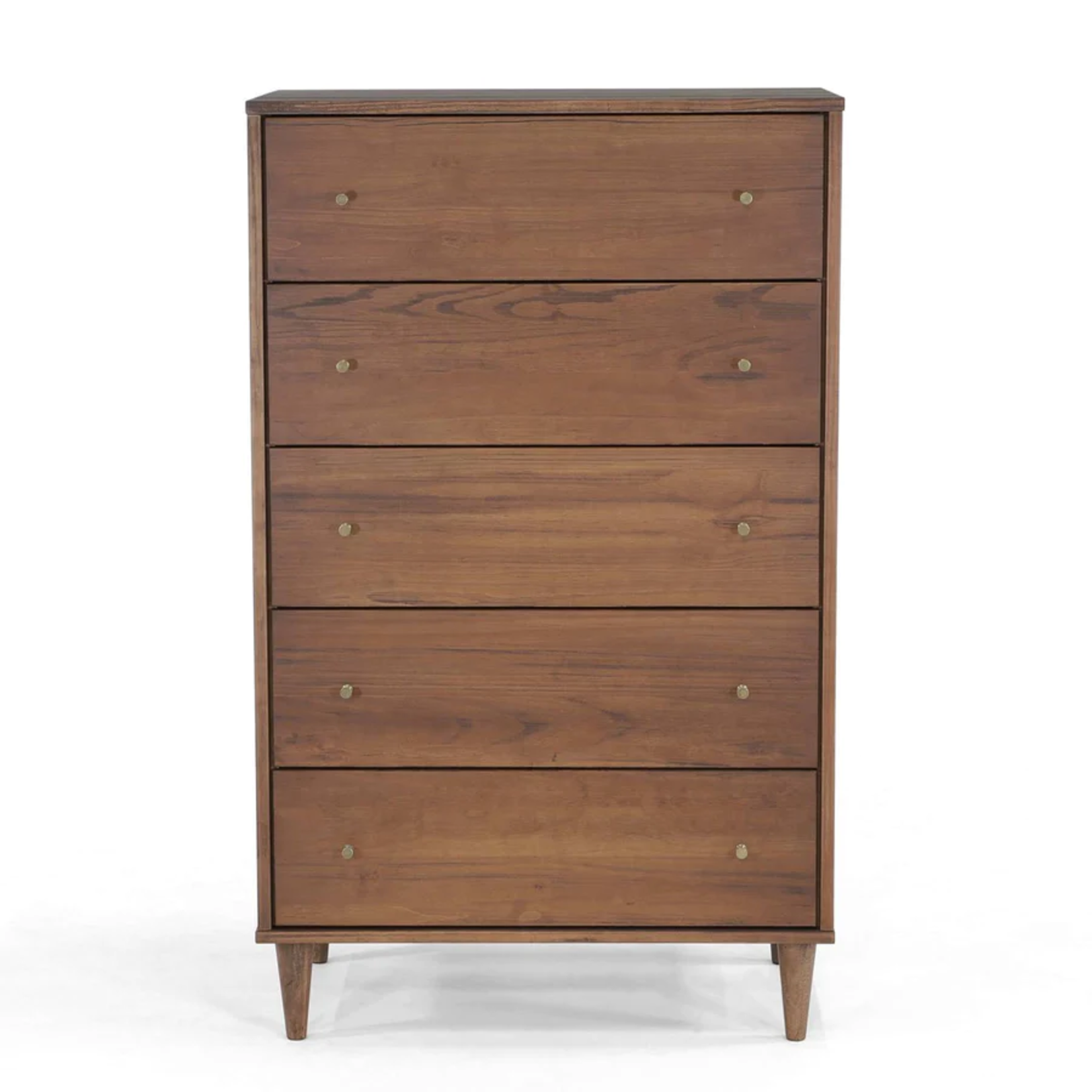 GrainWood MID CENTURY 5 Drawer Chest - Solid Wood - Finish Brushed Walnut STURDY