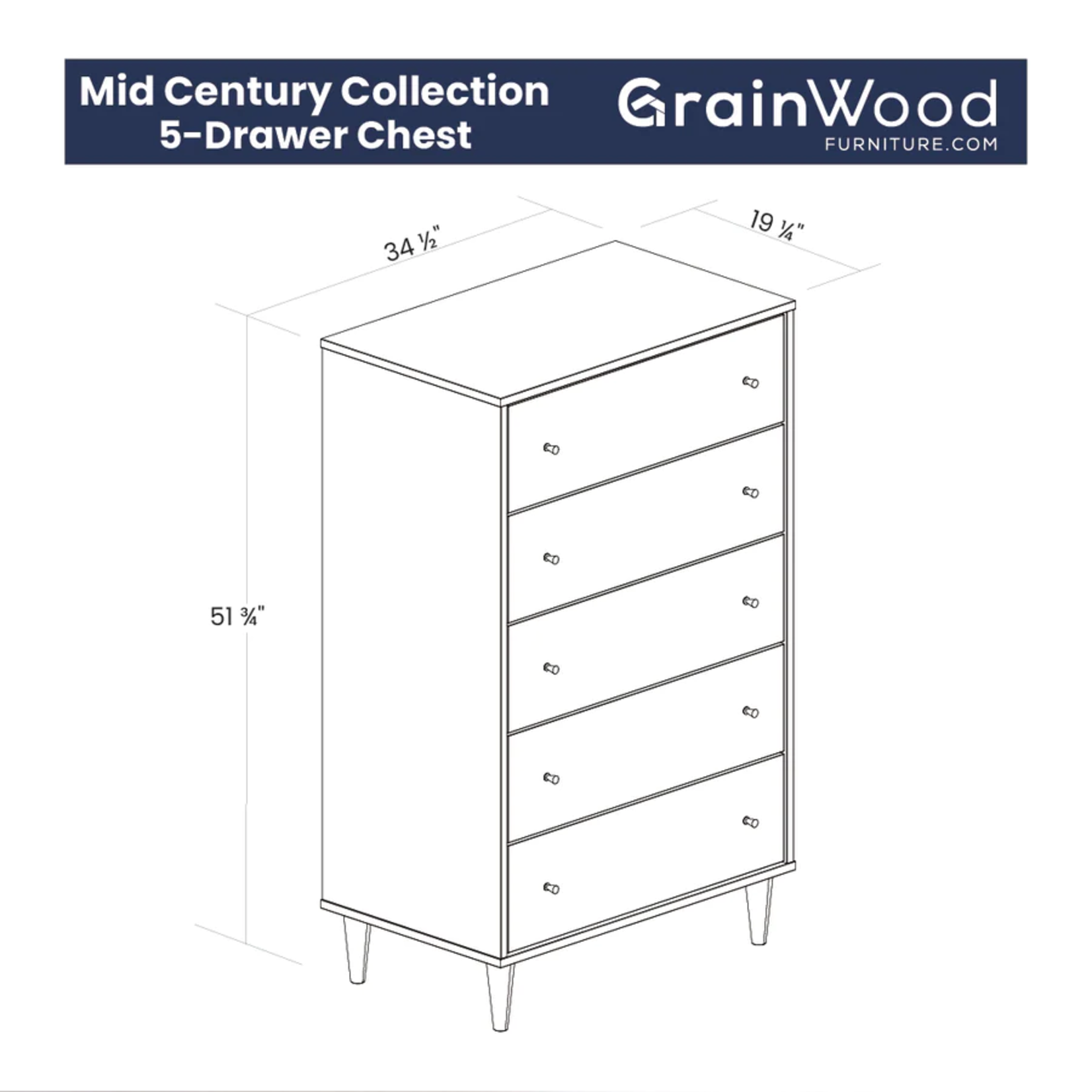 GrainWood MID CENTURY 5 Drawer Chest - Solid Wood - Finish Brushed Walnut STURDY