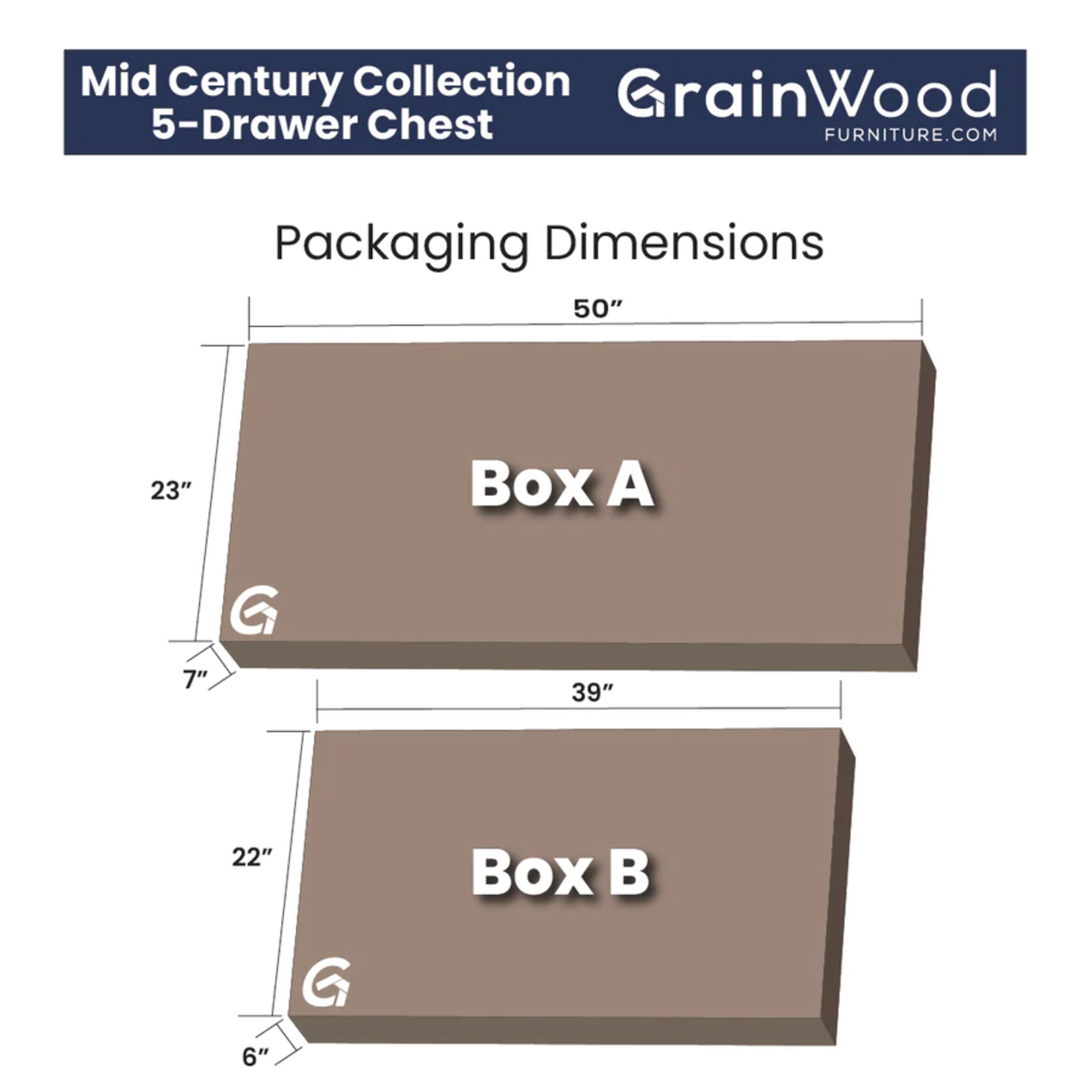 GrainWood MID CENTURY 5 Drawer Chest - Solid Wood - Finish Brushed Walnut STURDY