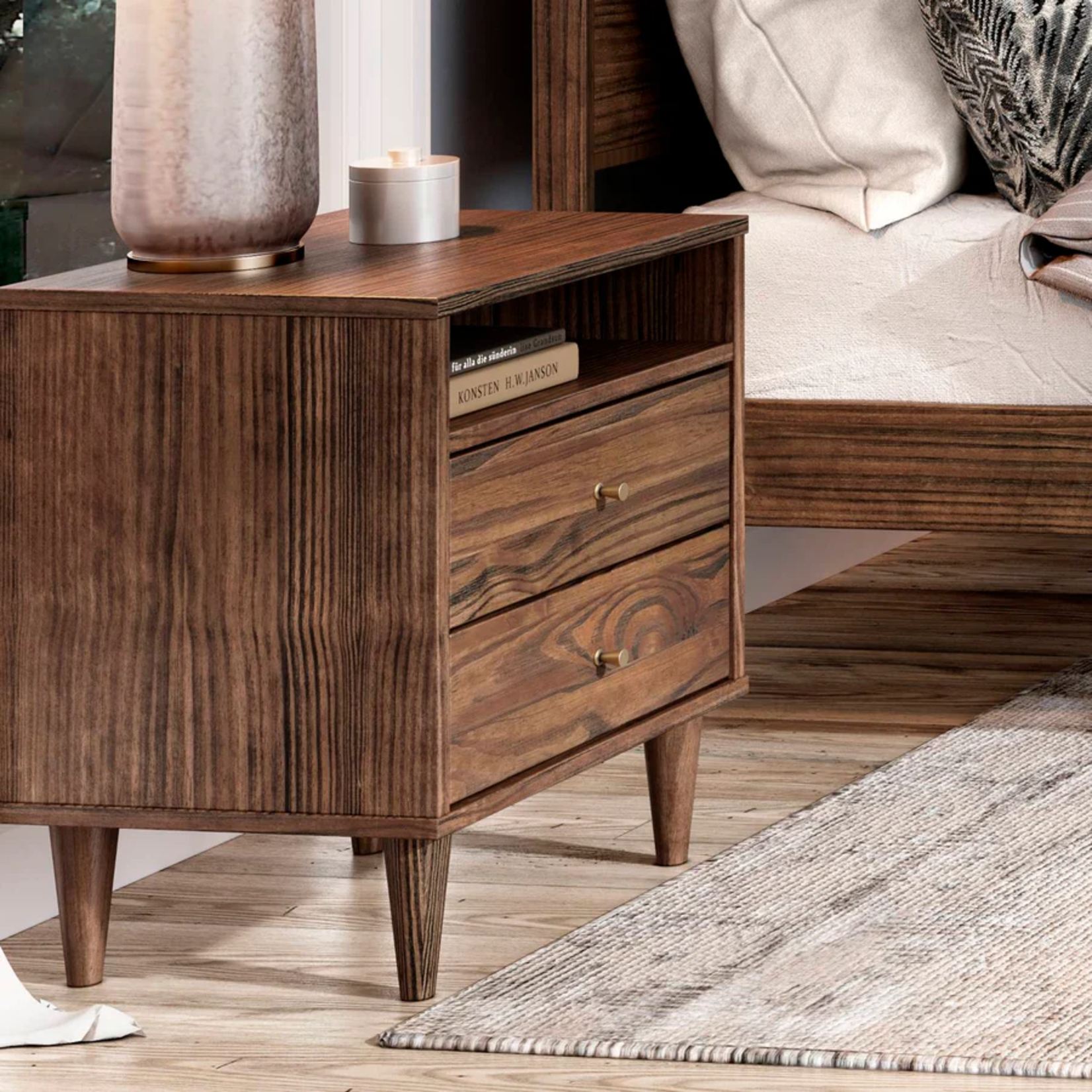 GrainWood MID CENTURY 2 Drawer Nightstand - Solid Wood - Finish Brushed Walnut