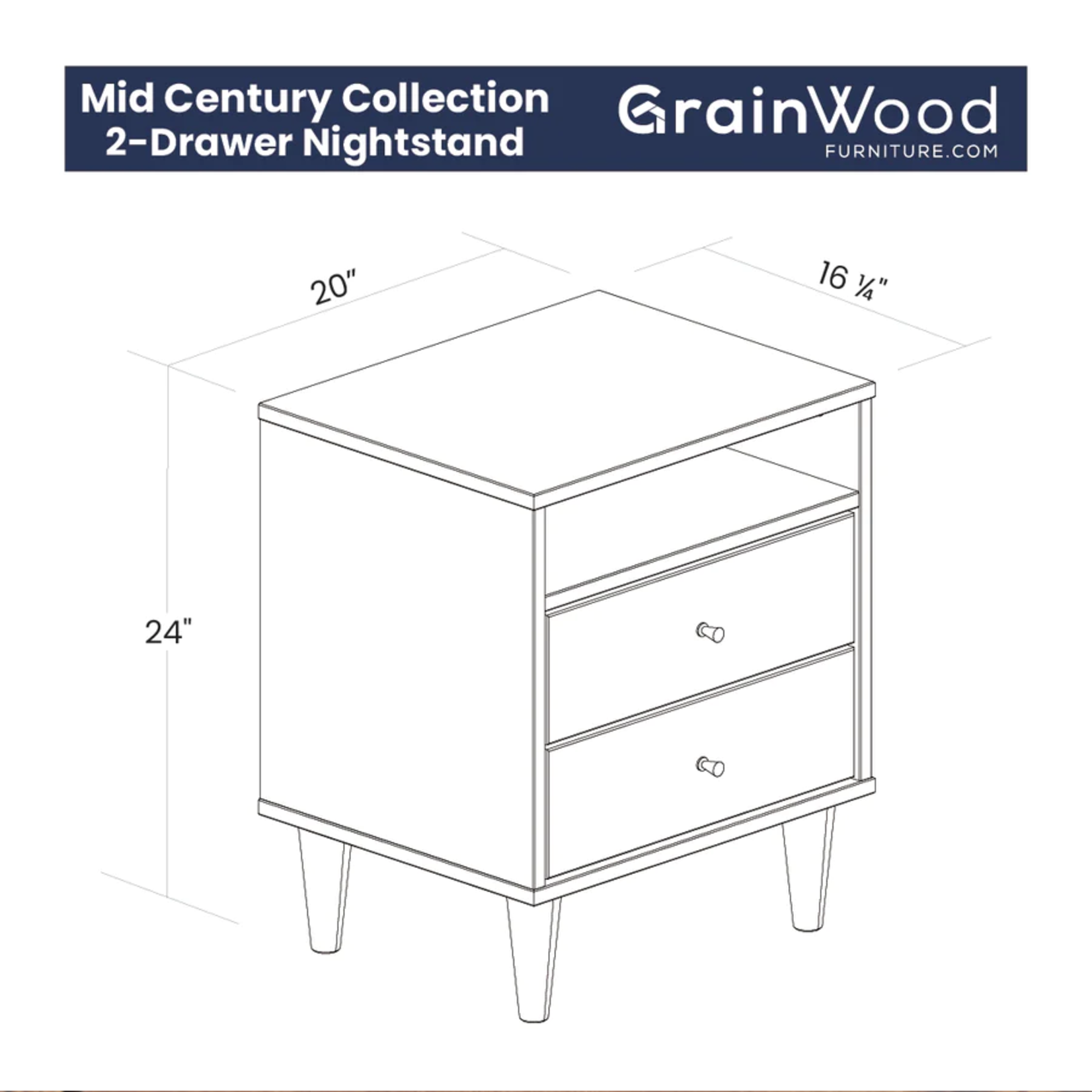 GrainWood MID CENTURY 2 Drawer Nightstand - Solid Wood - Finish Brushed Walnut