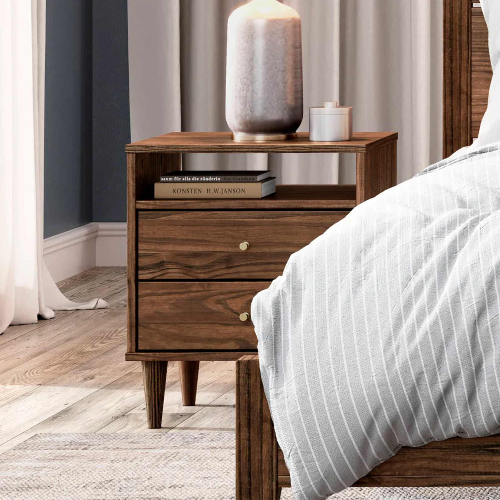 GrainWood MID CENTURY 2 Drawer Nightstand - Solid Wood - Finish Brushed Walnut