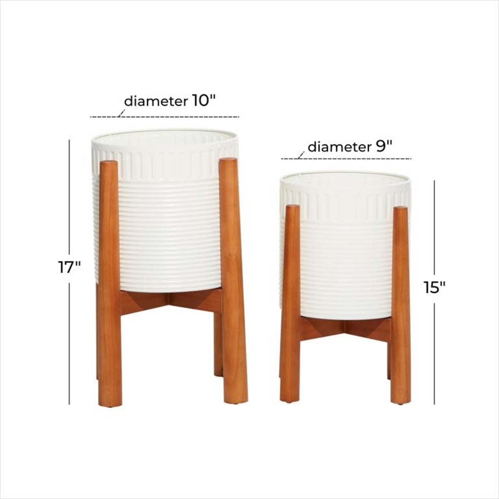 Uma White Metal Indoor Outdoor Planter with Removable Wood Stand s/2