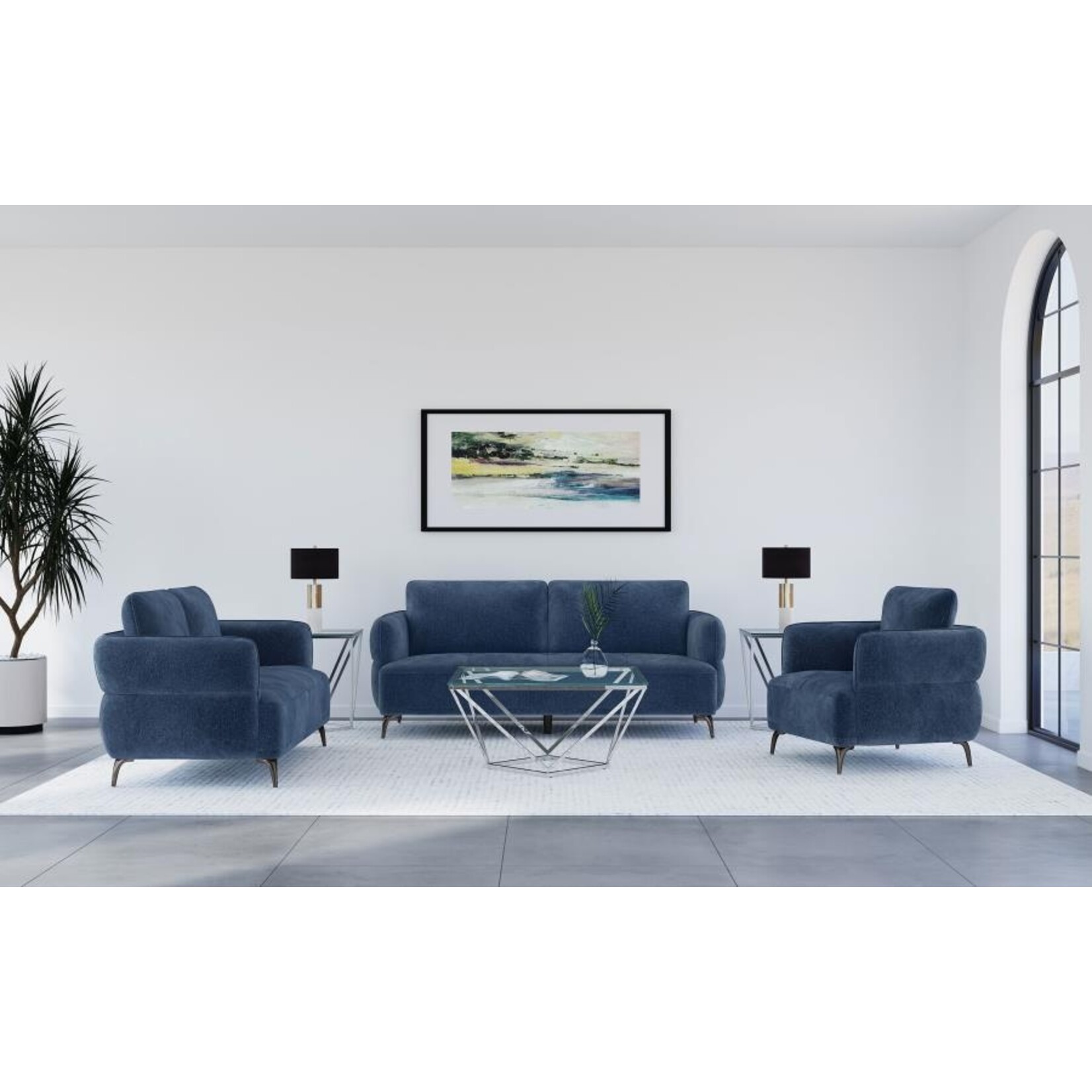 Lively Chenille Upholstered Modern Track Arm Loveseat Blue