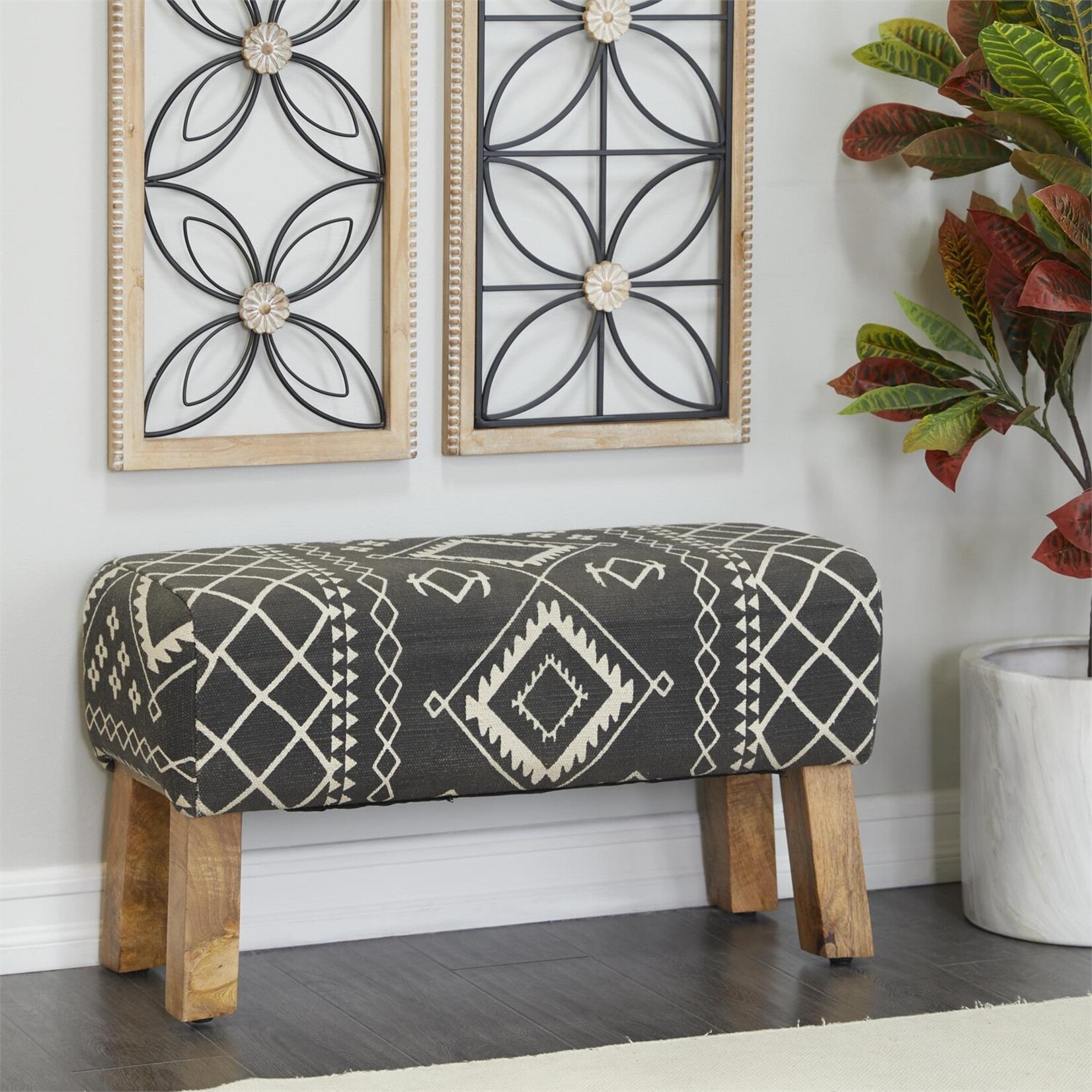 Deco Marche Black Fabric Tribal Upholstered Bench (FW)