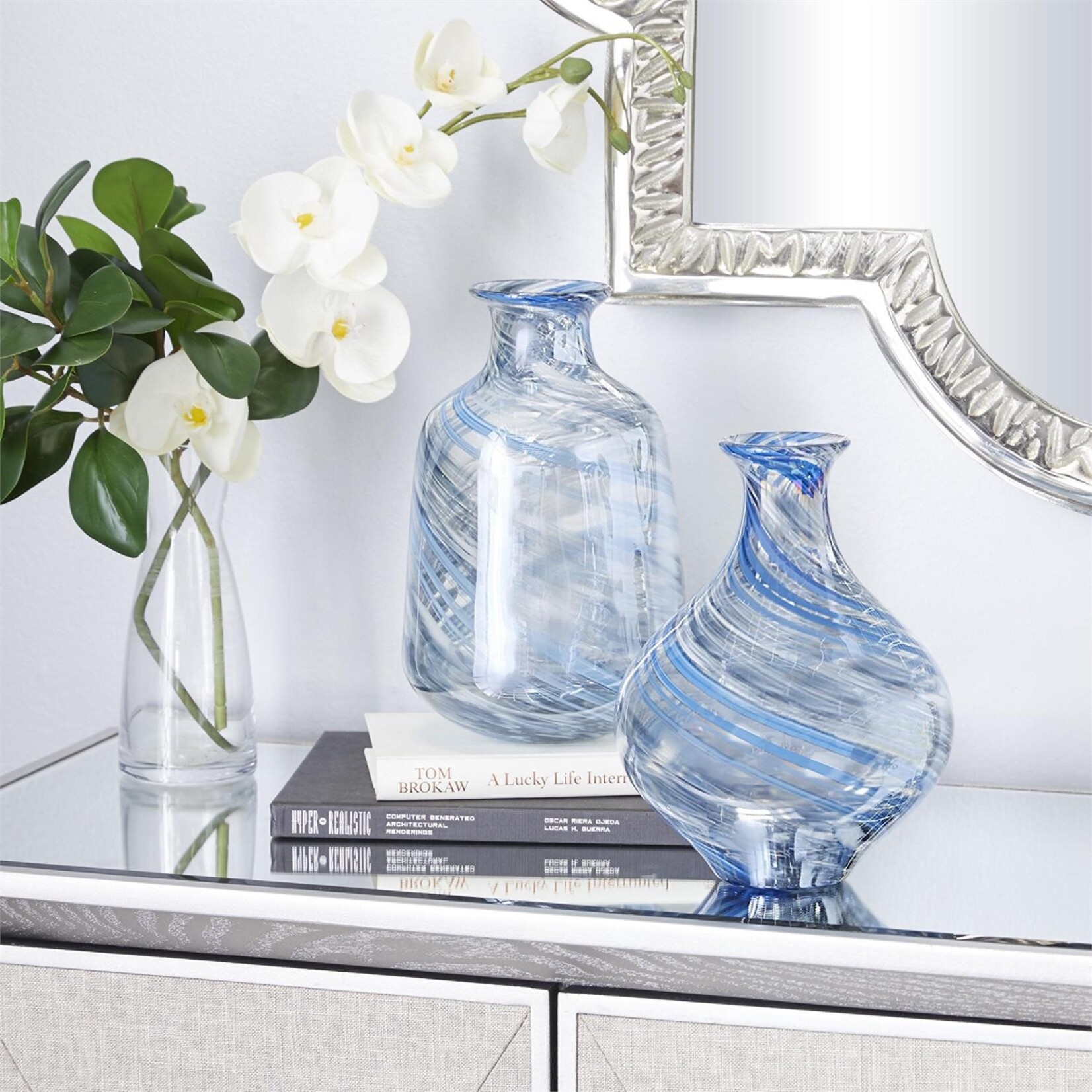 Blue Glass Handmade Blown Decorative Vase, Set of 2 (FW)