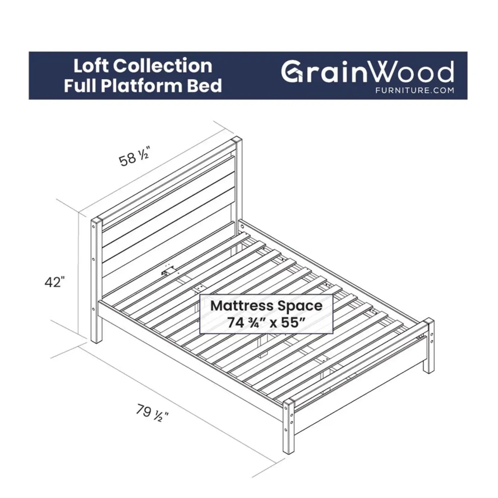 GrainWood Loft Full Platform Bed - Weathered Pine (I3H)