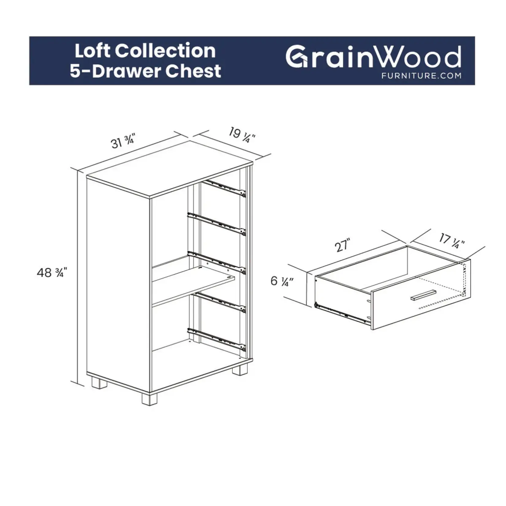 GrainWood LOFT 5 Drawer Chest - Weathered Pine