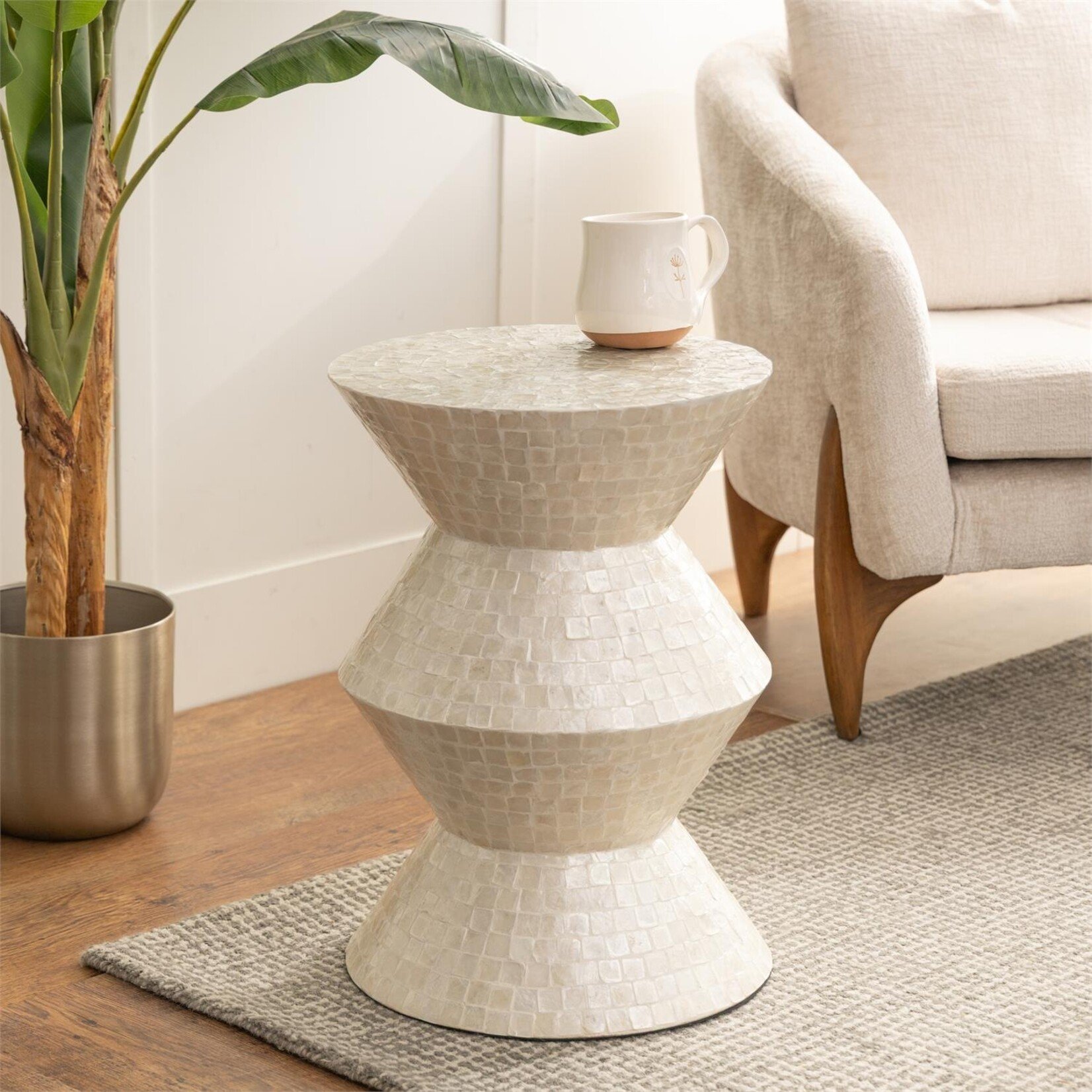 Deco Marche Heritage Cream Capiz Shell Mosaic Inlay Accent Table