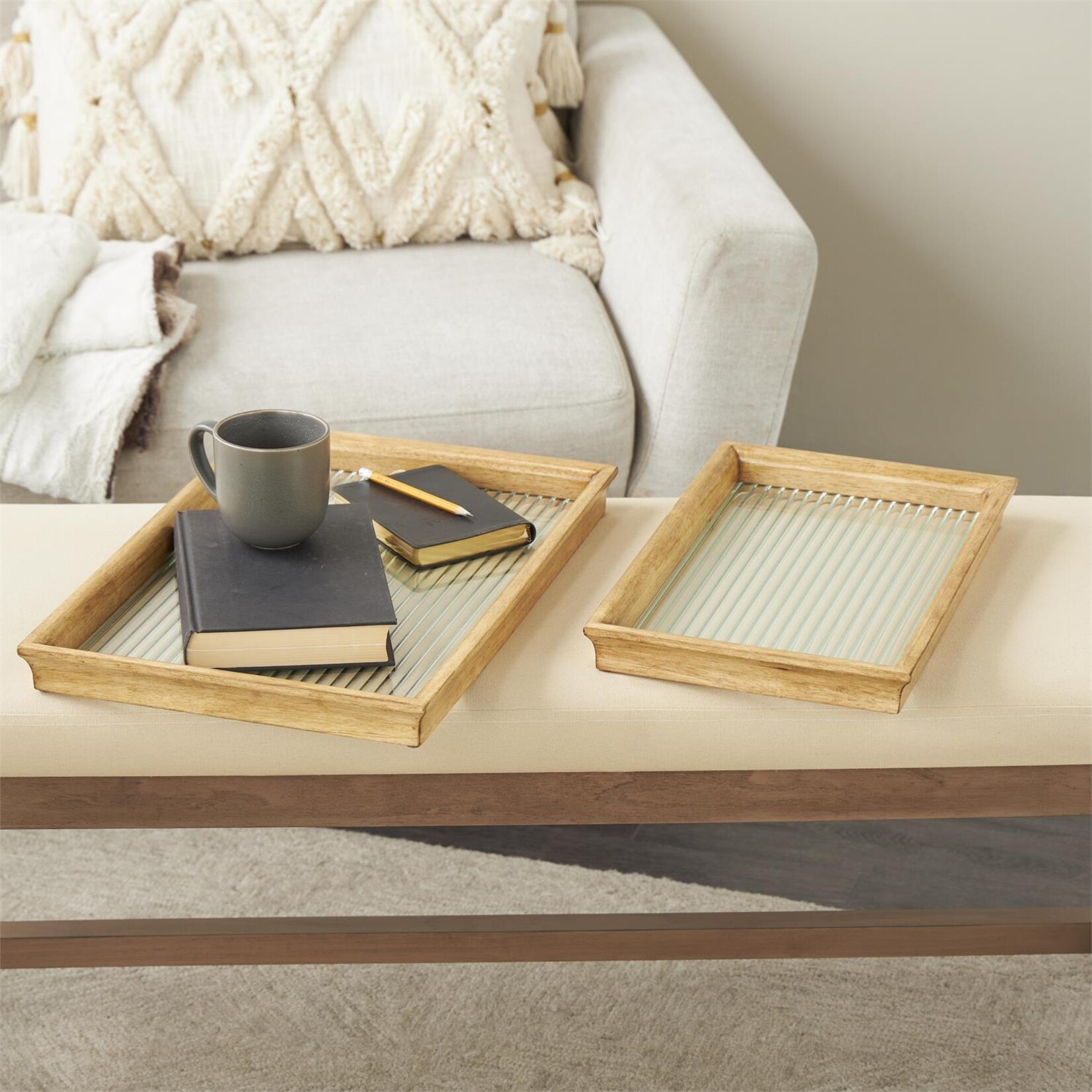 Deco Marche Wood Glass Trays Set of 2