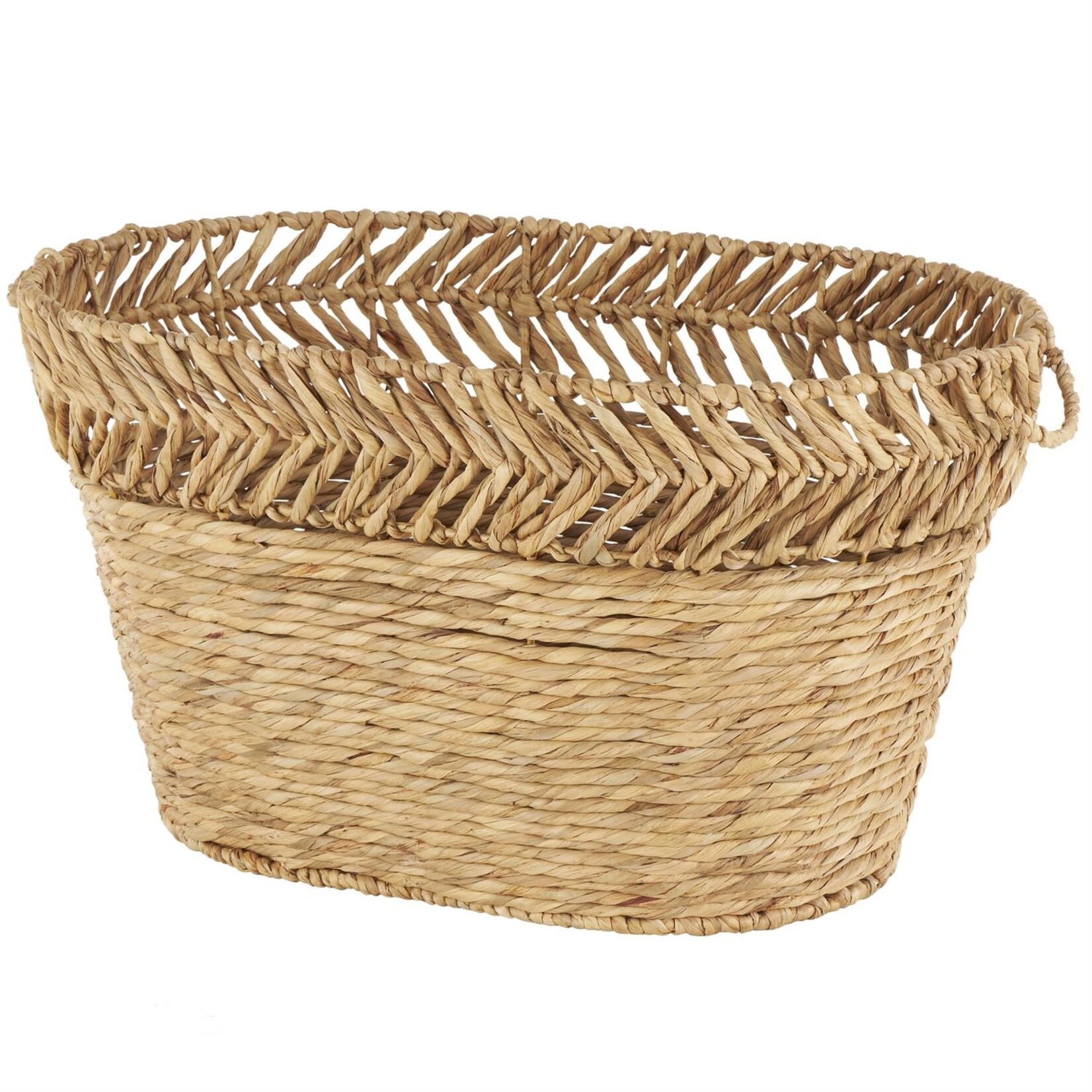 Deco Marche Brown Seagrass Large Woven Oval Storage Basket with Zig Zag Patterned Rim