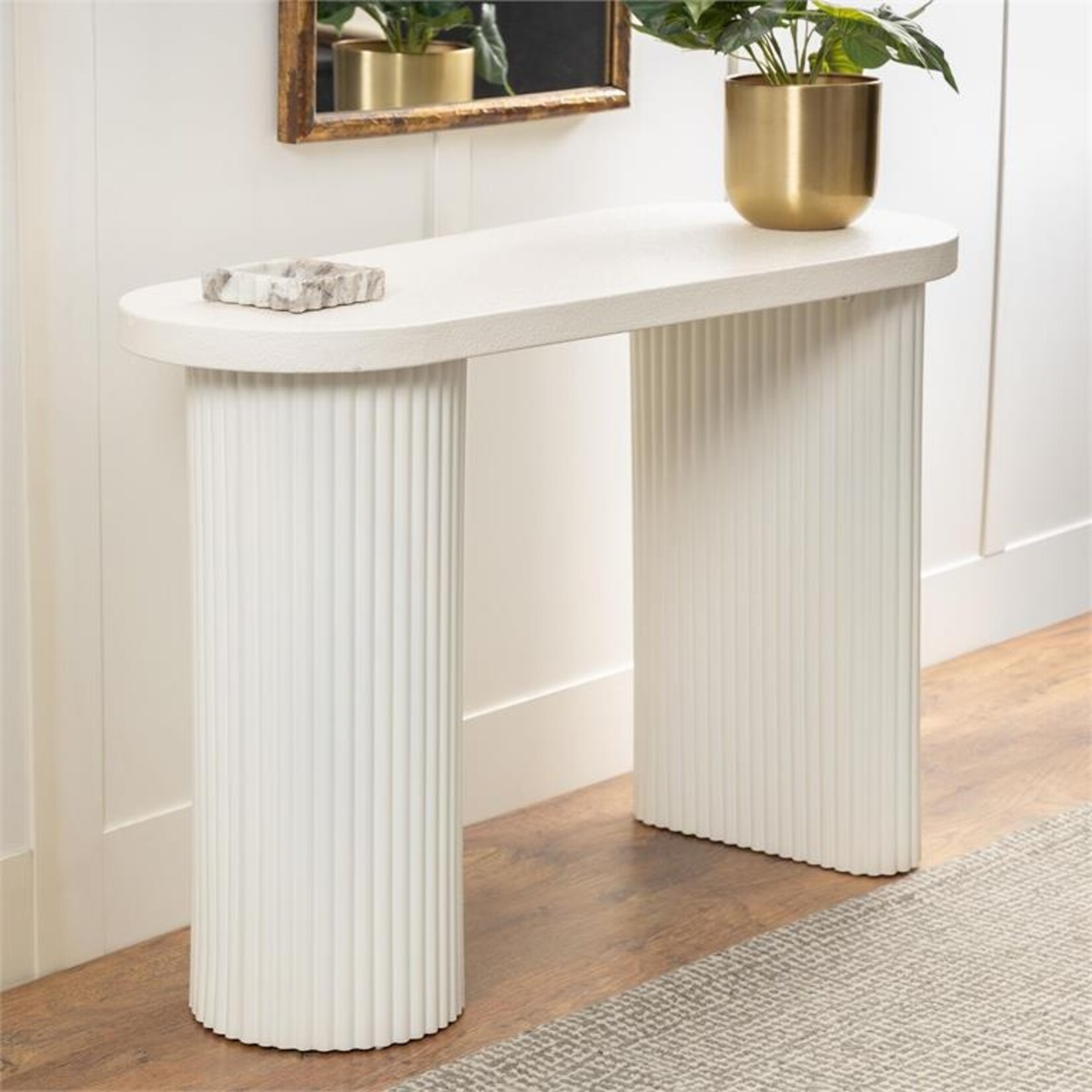Deco Marche White Metal Oval Console Table with Ribbed Legs