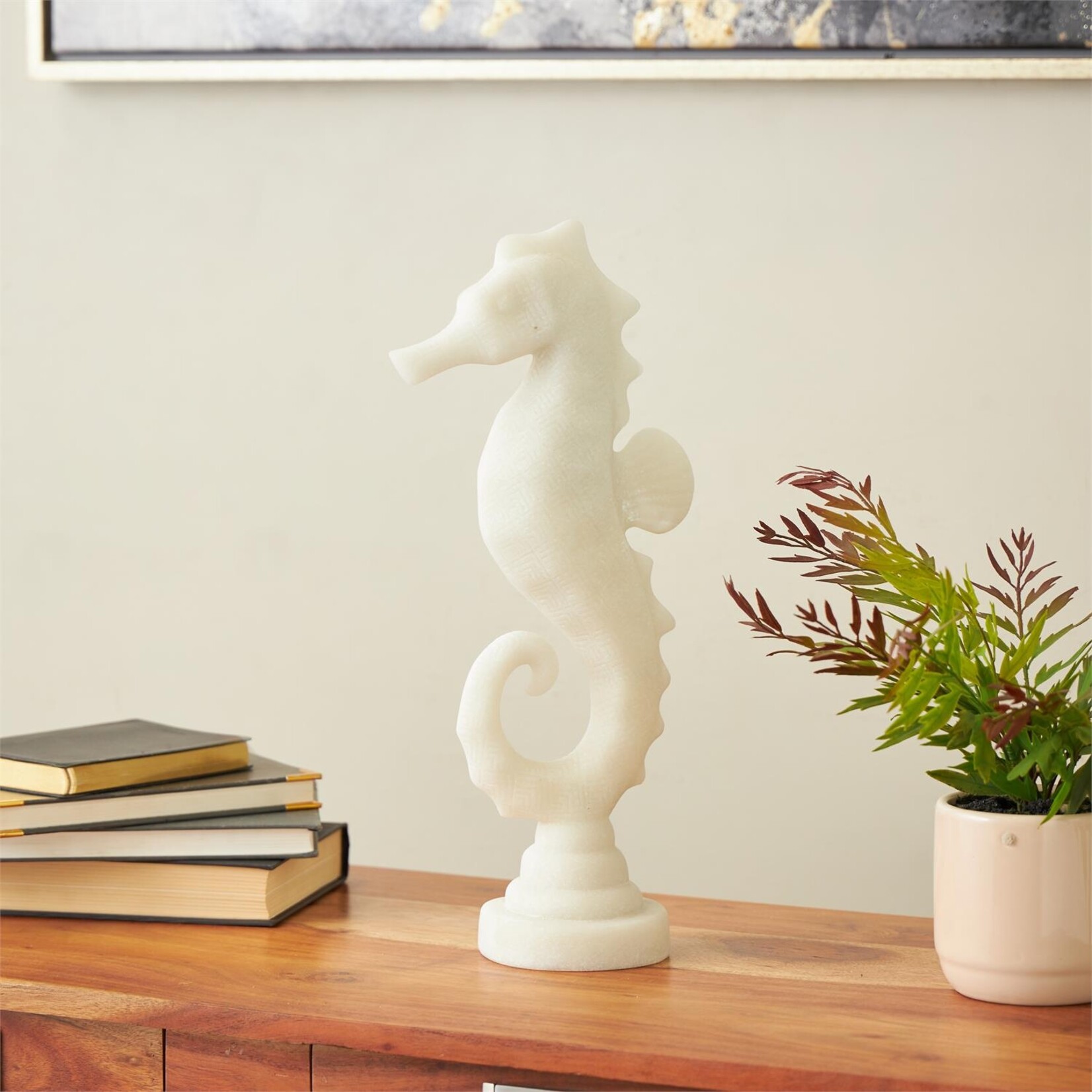 Deco Marche White Polystone Sea Horse Decorative Sculpture