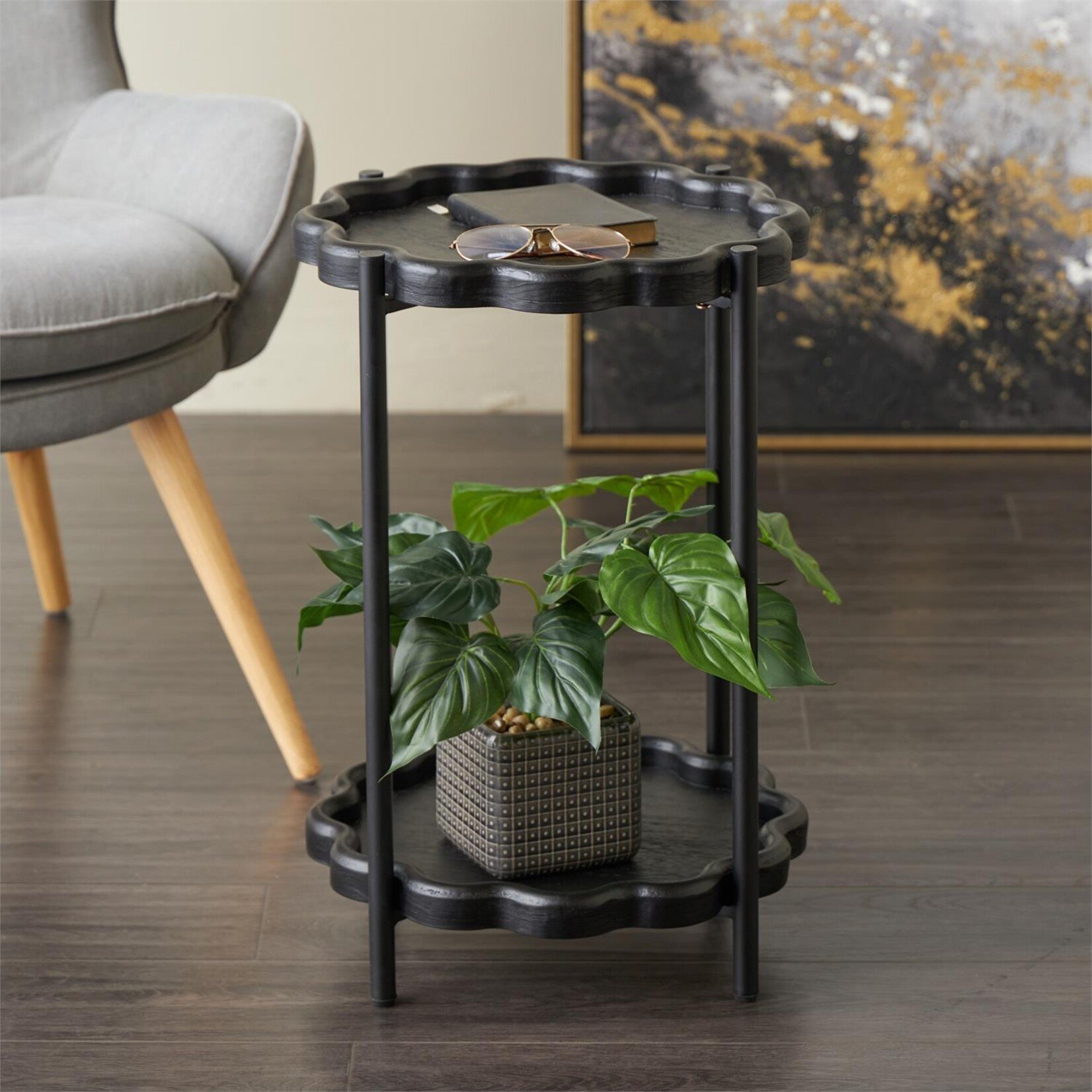 Deco Marche Black Wood Floral Inspired 2 Level Side End Accent Table