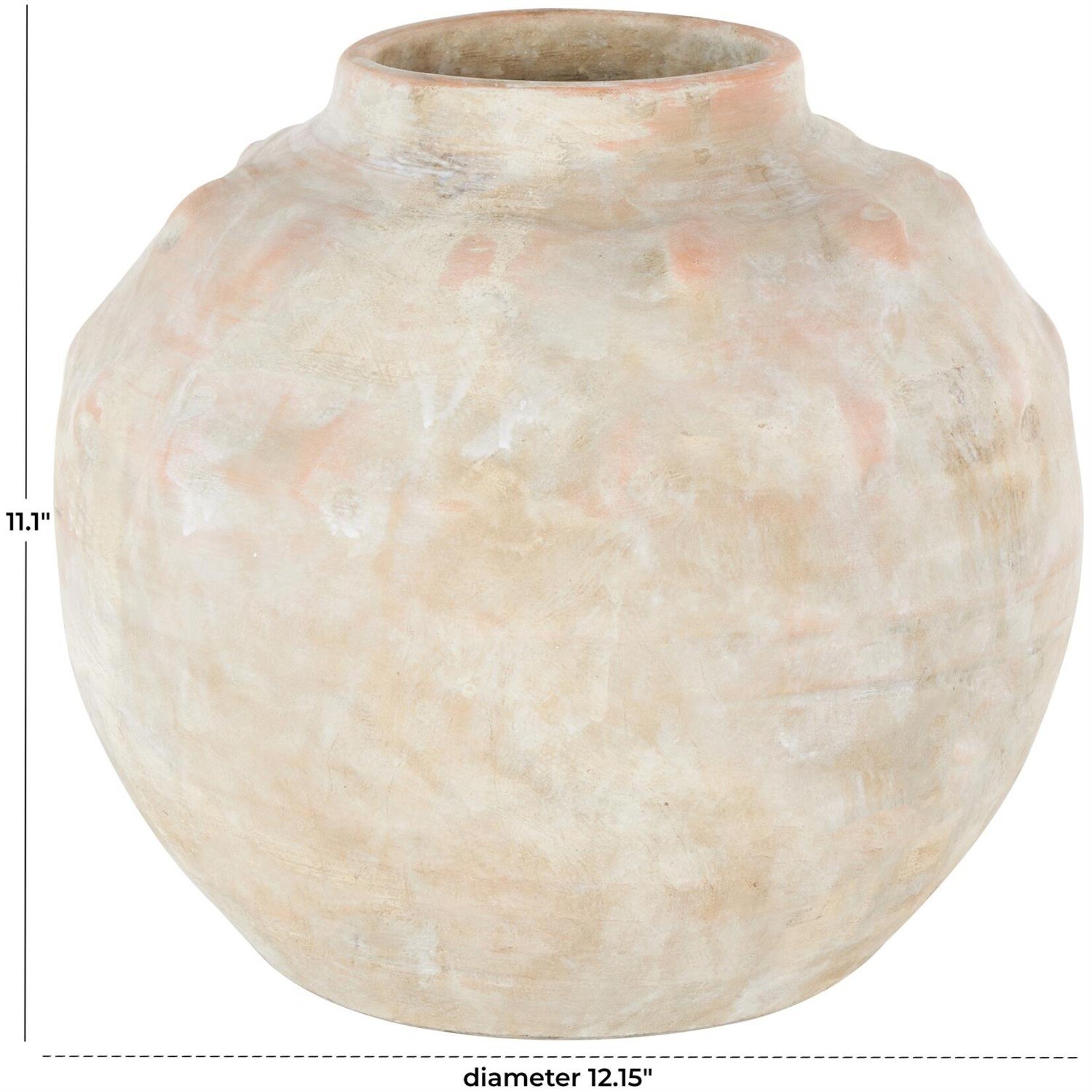Deco Marche Beige Ceramic Antique Short Wide Decorative Vase with Shades of Pink 12"W, 11"H