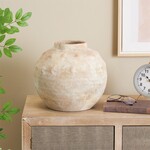 Deco Marche Beige Ceramic Antique Short Wide Decorative Vase with Shades of Pink 12"W, 11"H