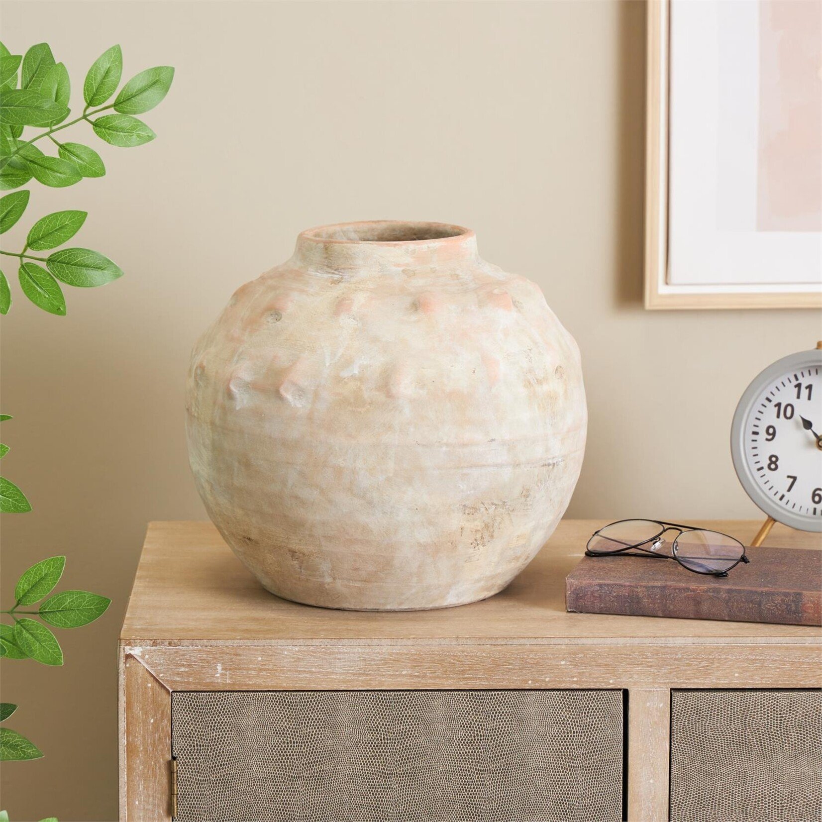 Deco Marche Beige Ceramic Antique Short Wide Decorative Vase with Shades of Pink 12"W, 11"H