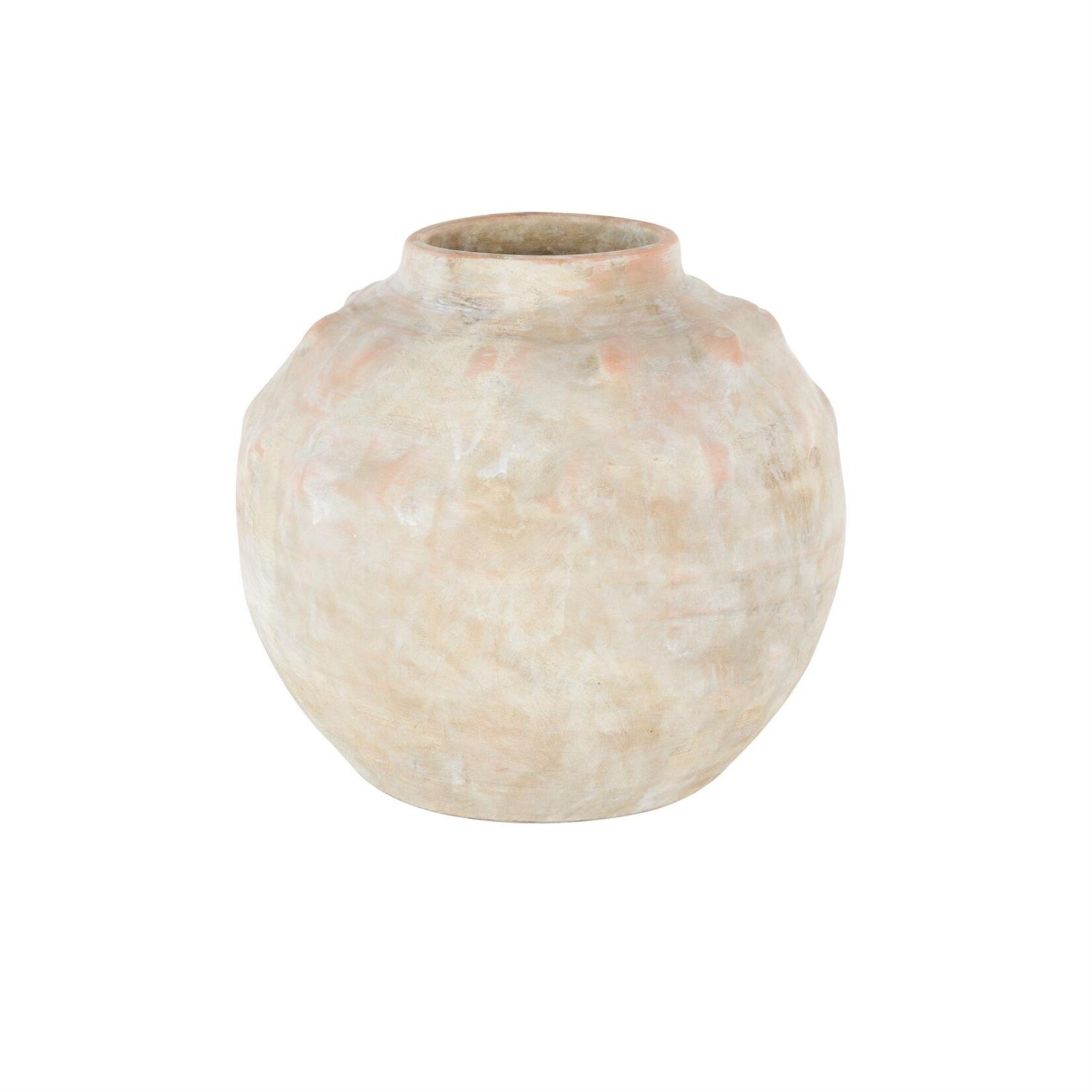 Deco Marche Beige Ceramic Antique Short Wide Decorative Vase with Shades of Pink 12"W, 11"H