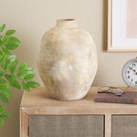 Deco Marche Beige Ceramic Antique Wide Decorative Vase with Shades of Pink 11"W, 14"H