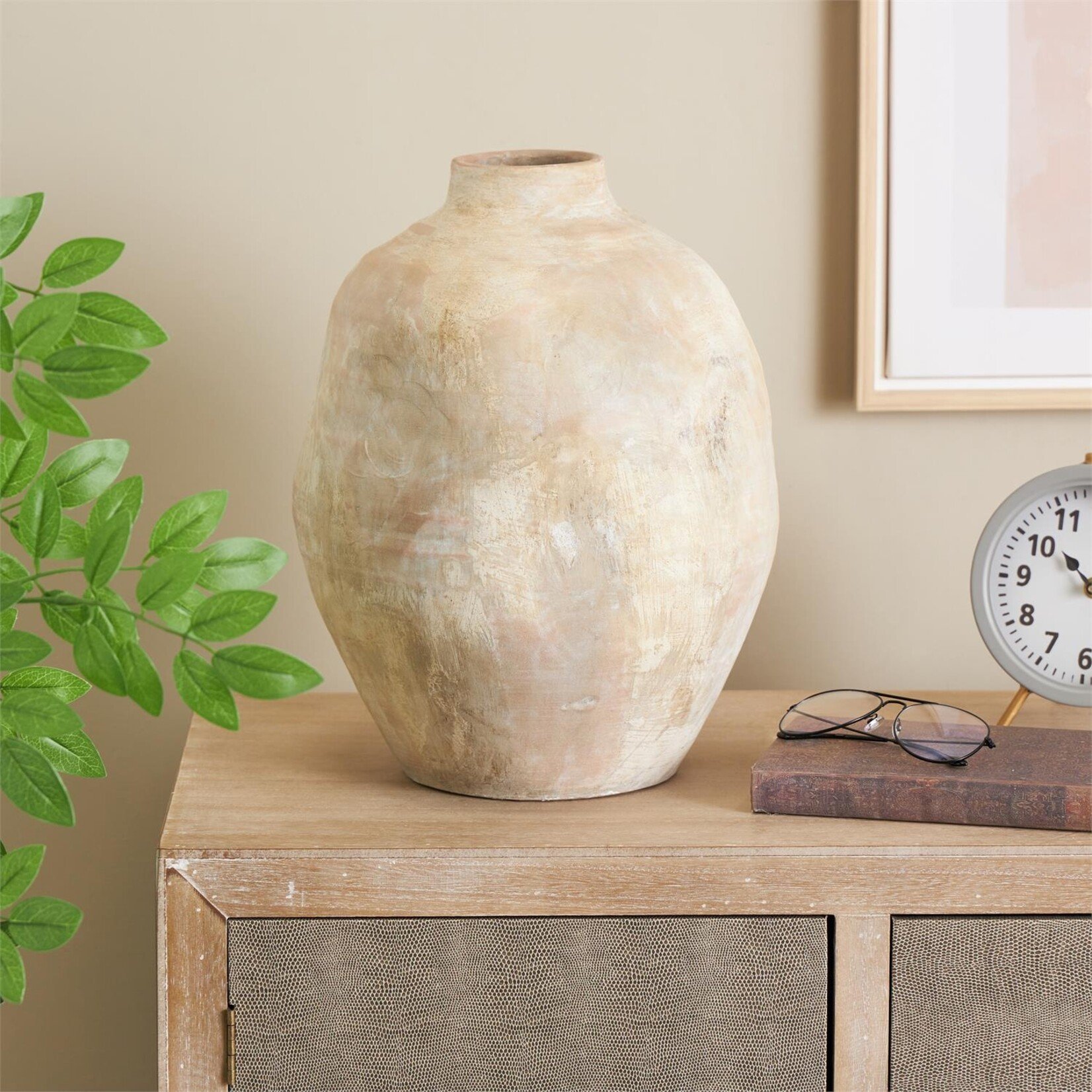 Deco Marche Beige Ceramic Antique Wide Decorative Vase with Shades of Pink 11"W, 14"H