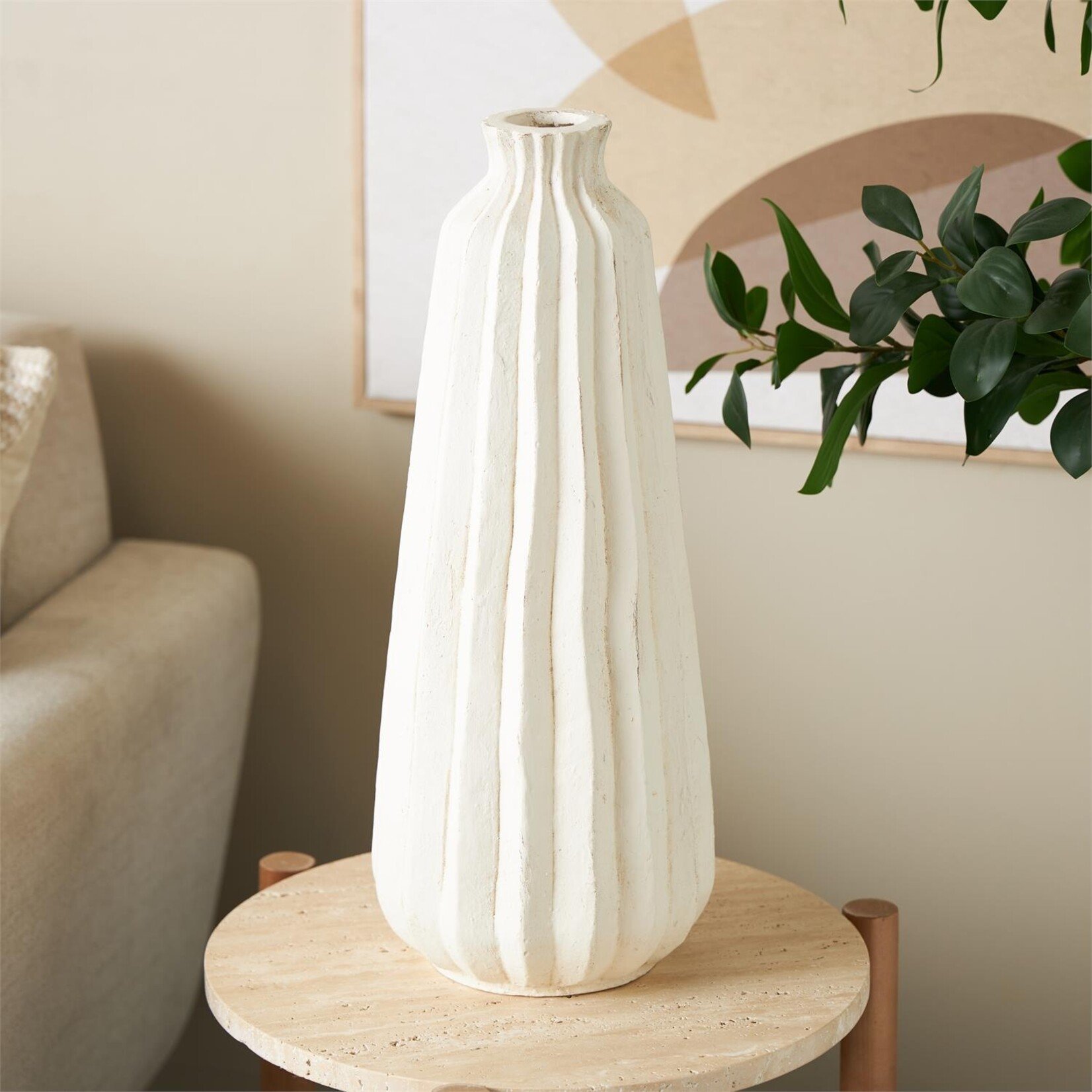 Deco Marche Cream Magnesium Oxide Decorative Vase with Carved Grooves  8"W, 20"H