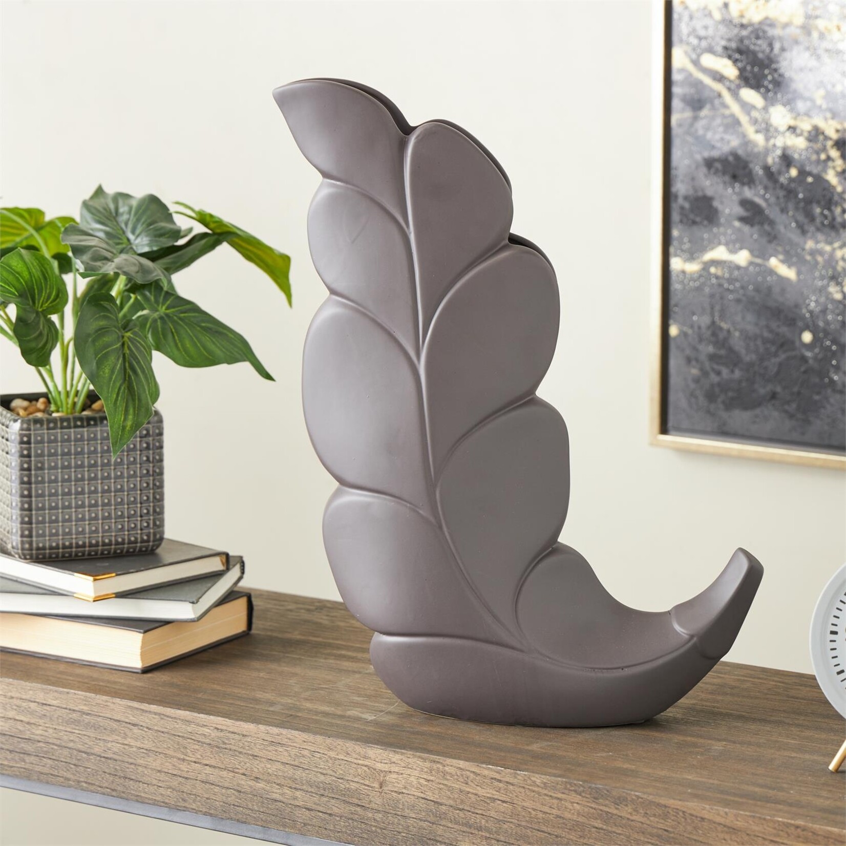 Deco Marche Black Ceramic Leaf Slanted Decorative Vase 15"W, 20"H
