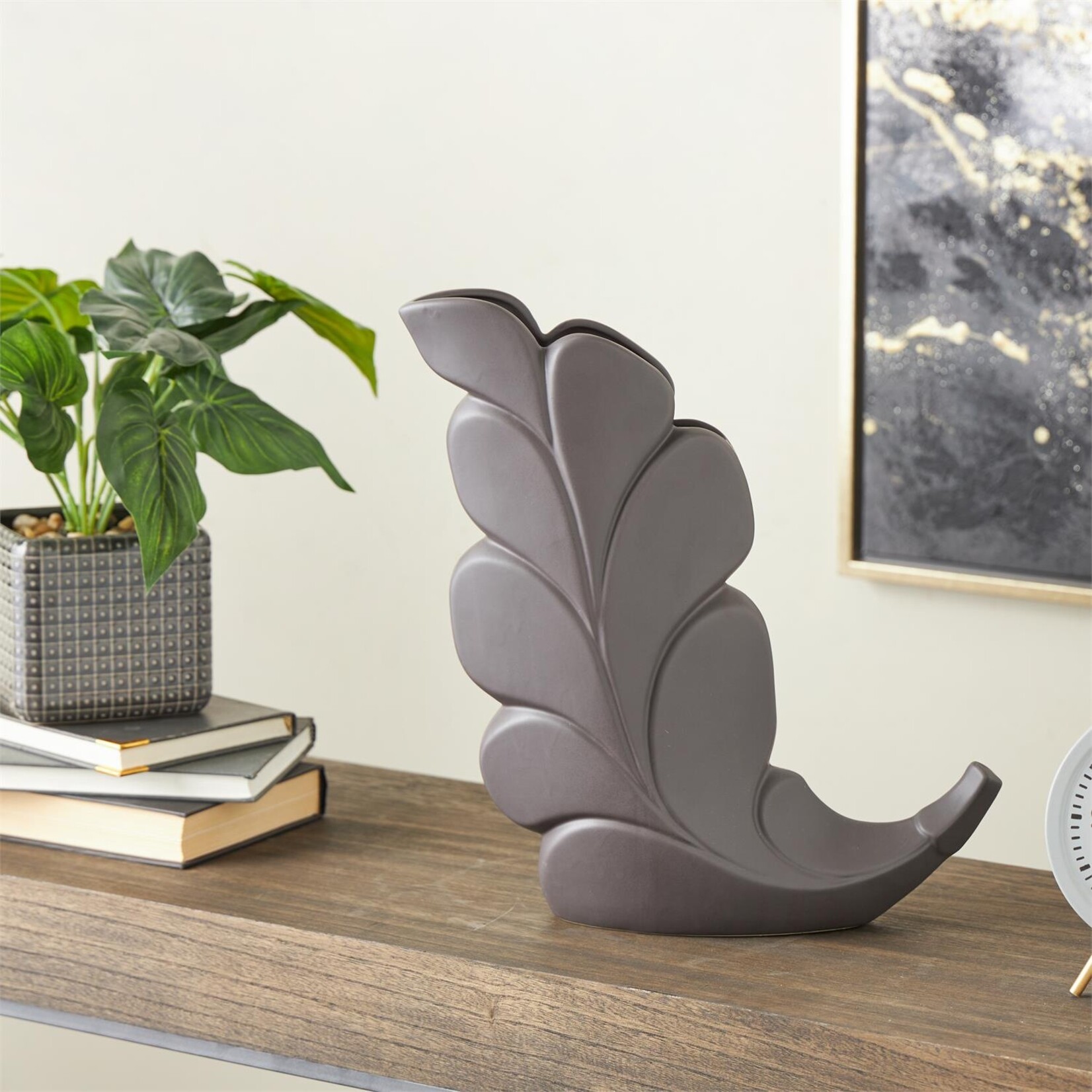 Deco Marche Black Ceramic Leaf Slanted Decorative Black 14"W, 15"H