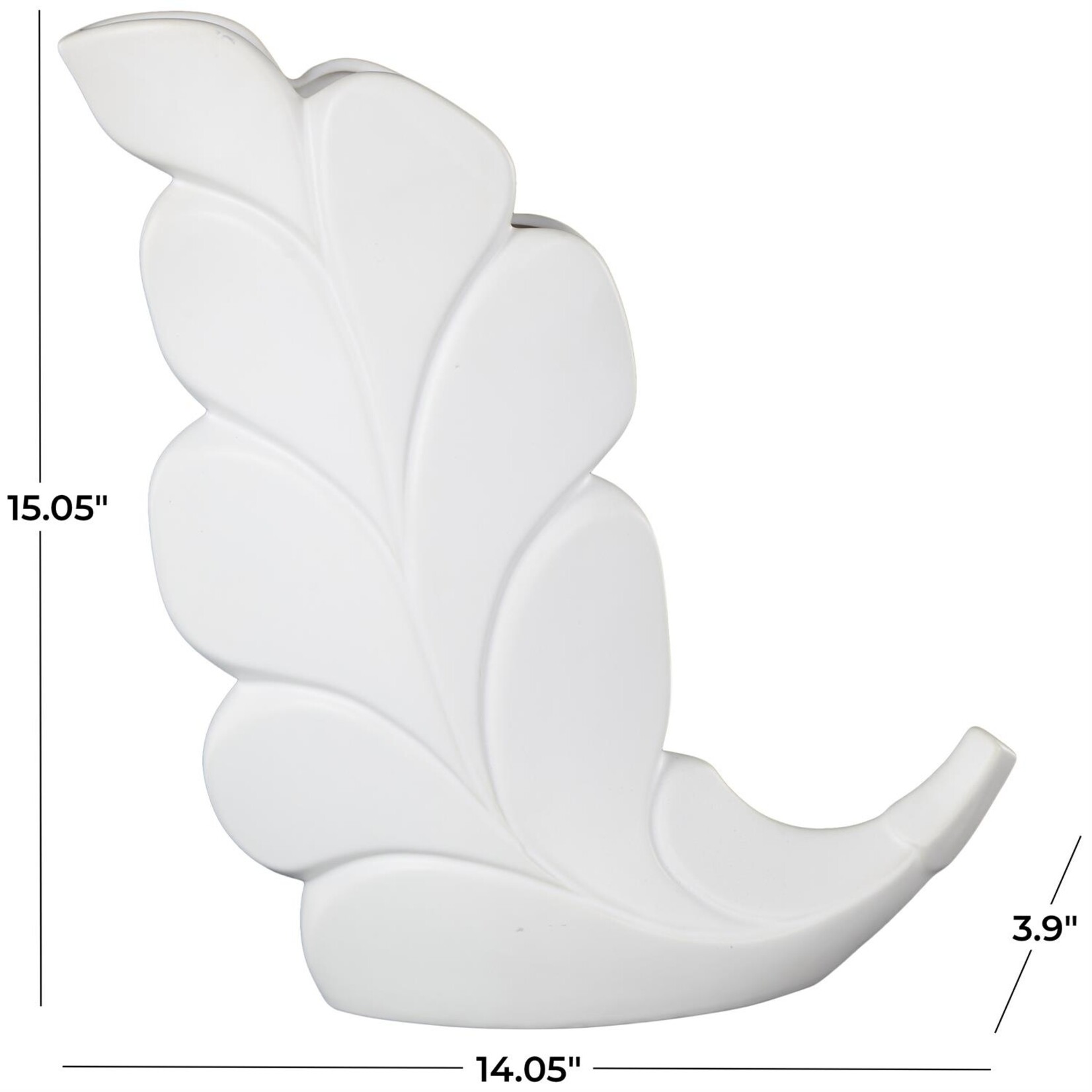 Deco Marche White Ceramic Leaf Slanted Decorative Vase 14"W, 15"H