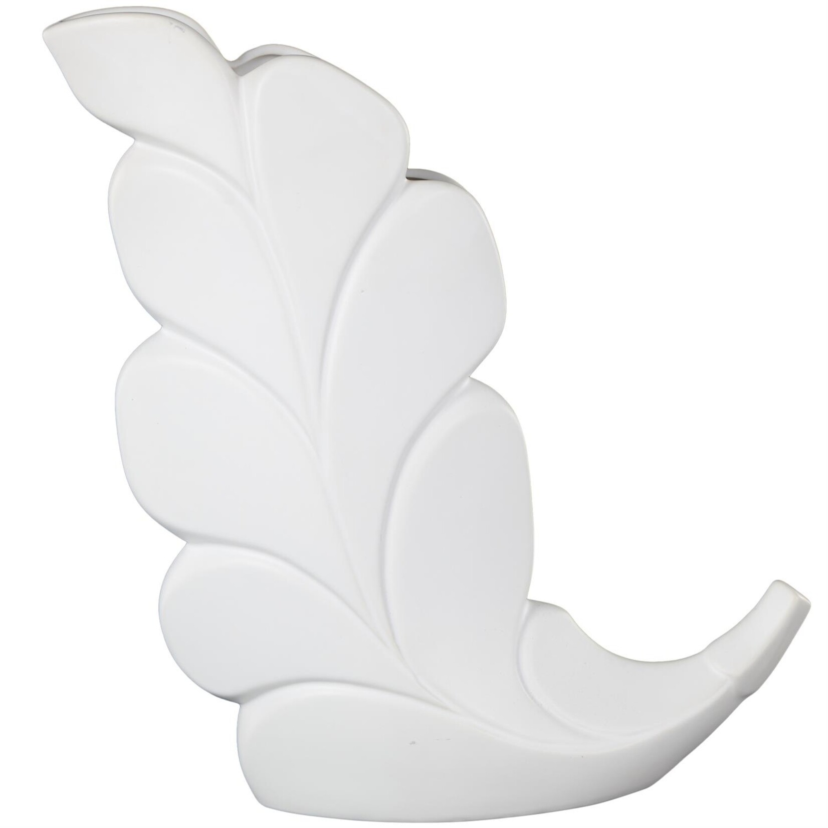 Deco Marche White Ceramic Leaf Slanted Decorative Vase 14"W, 15"H