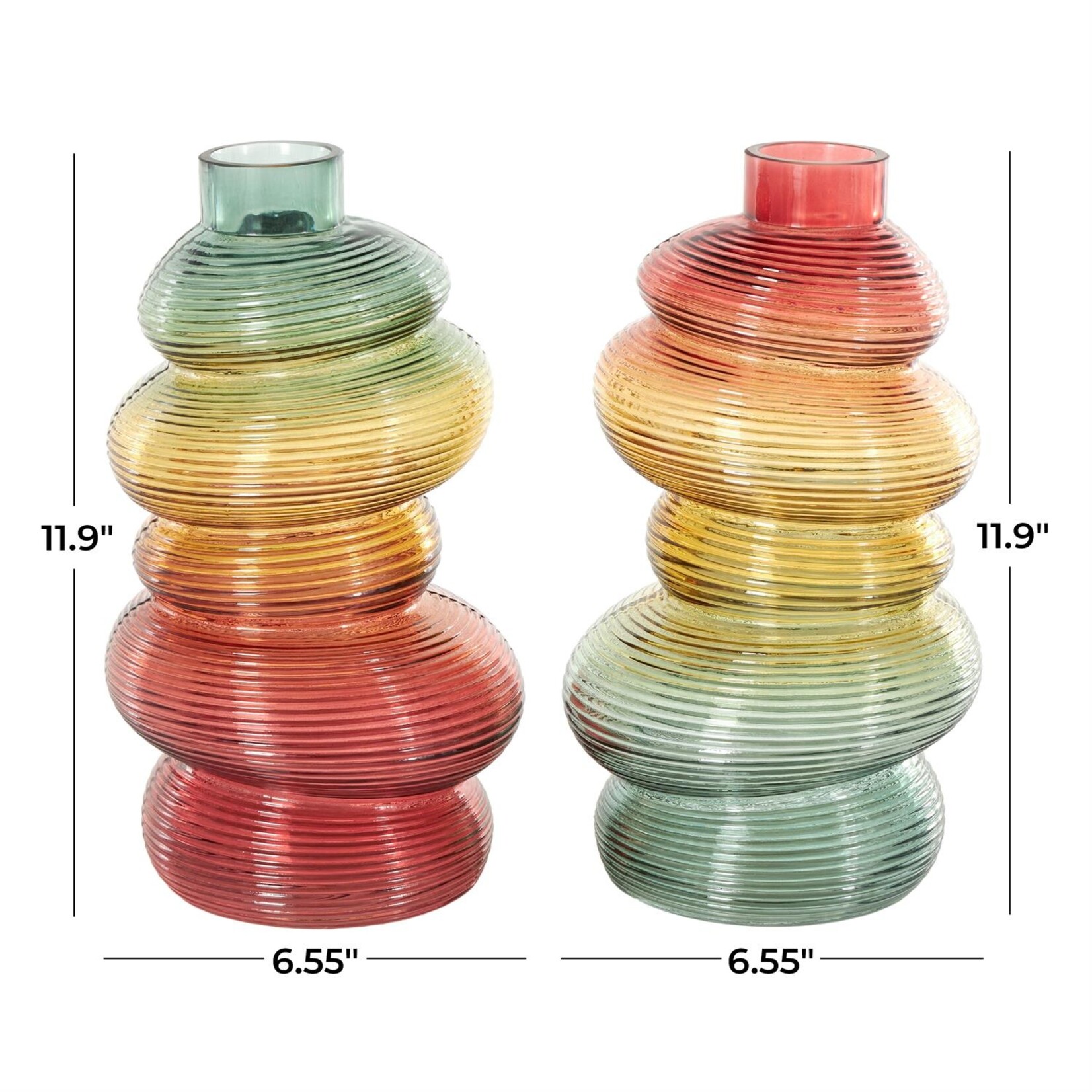 Deco Marche CosmoLiving by Cosmopolitan Multi Colored Glass Ribbed Decorative Vase  Set of 2 7"W, 12"H