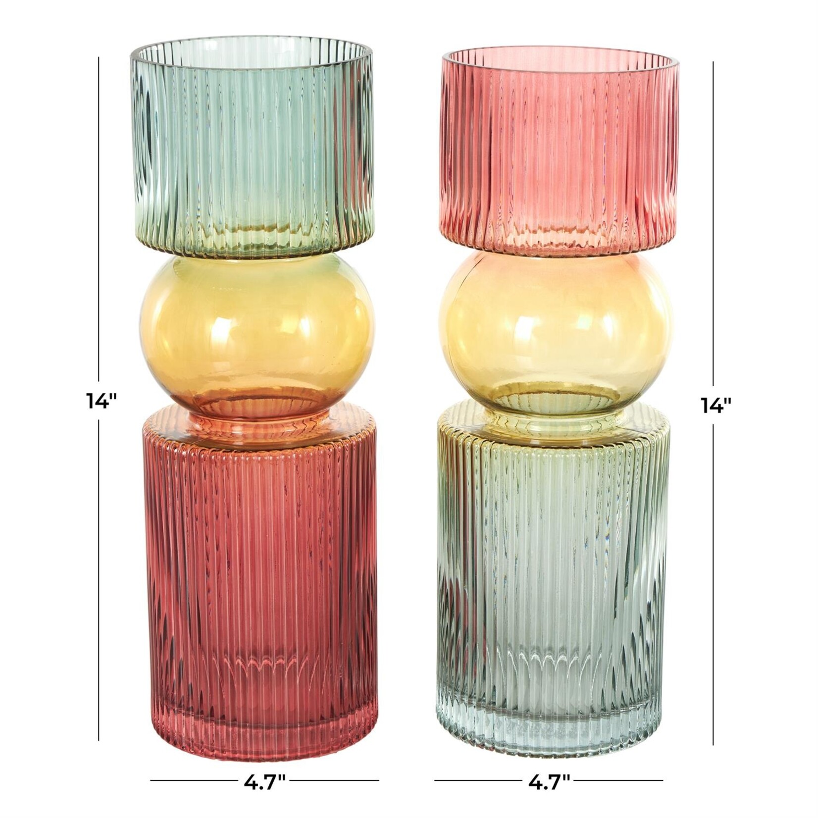 Deco Marche Multi Colored Glass Geometric Ribbed Decorative Vase Set of 2 5"W, 14"H