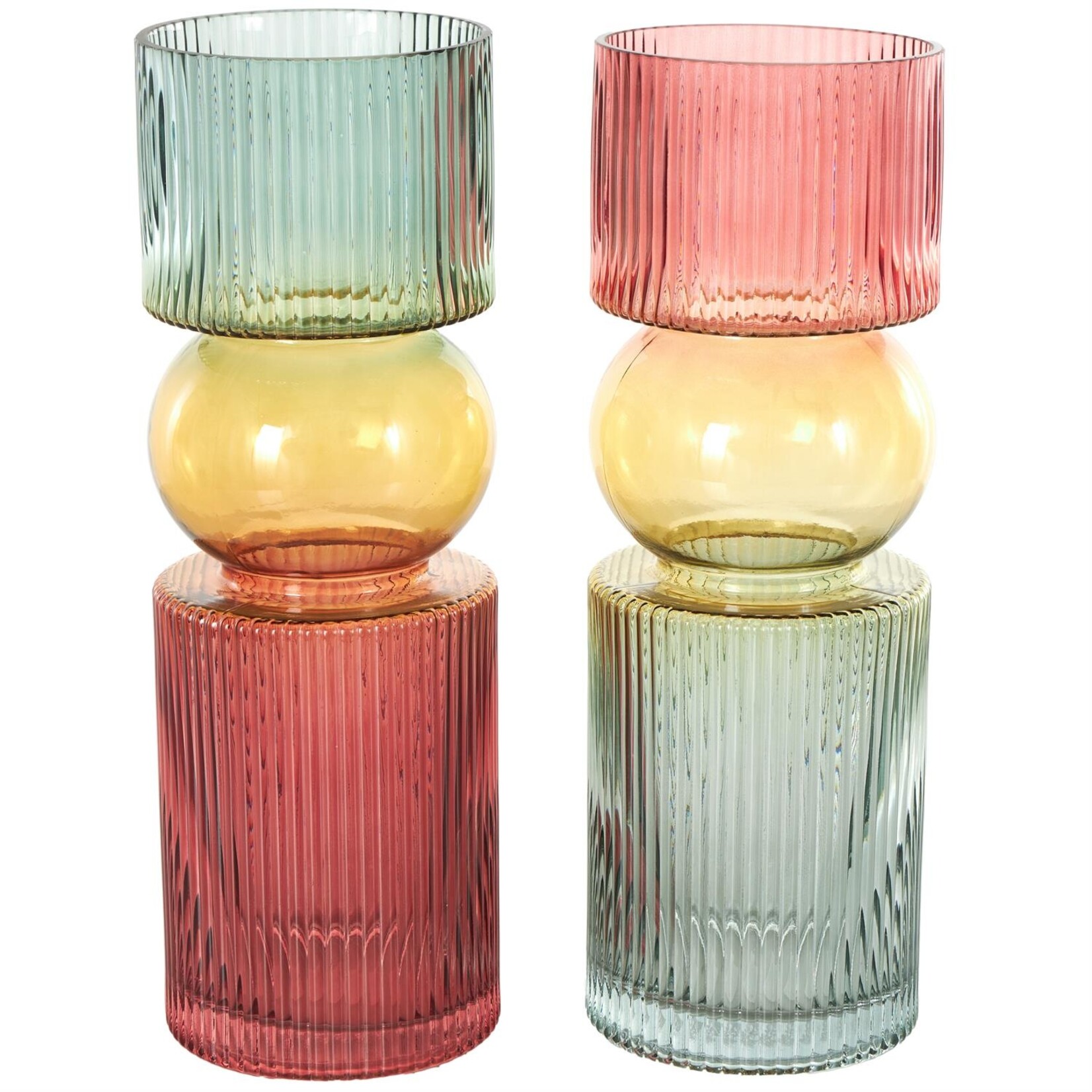 Deco Marche Multi Colored Glass Geometric Ribbed Decorative Vase Set of 2 5"W, 14"H