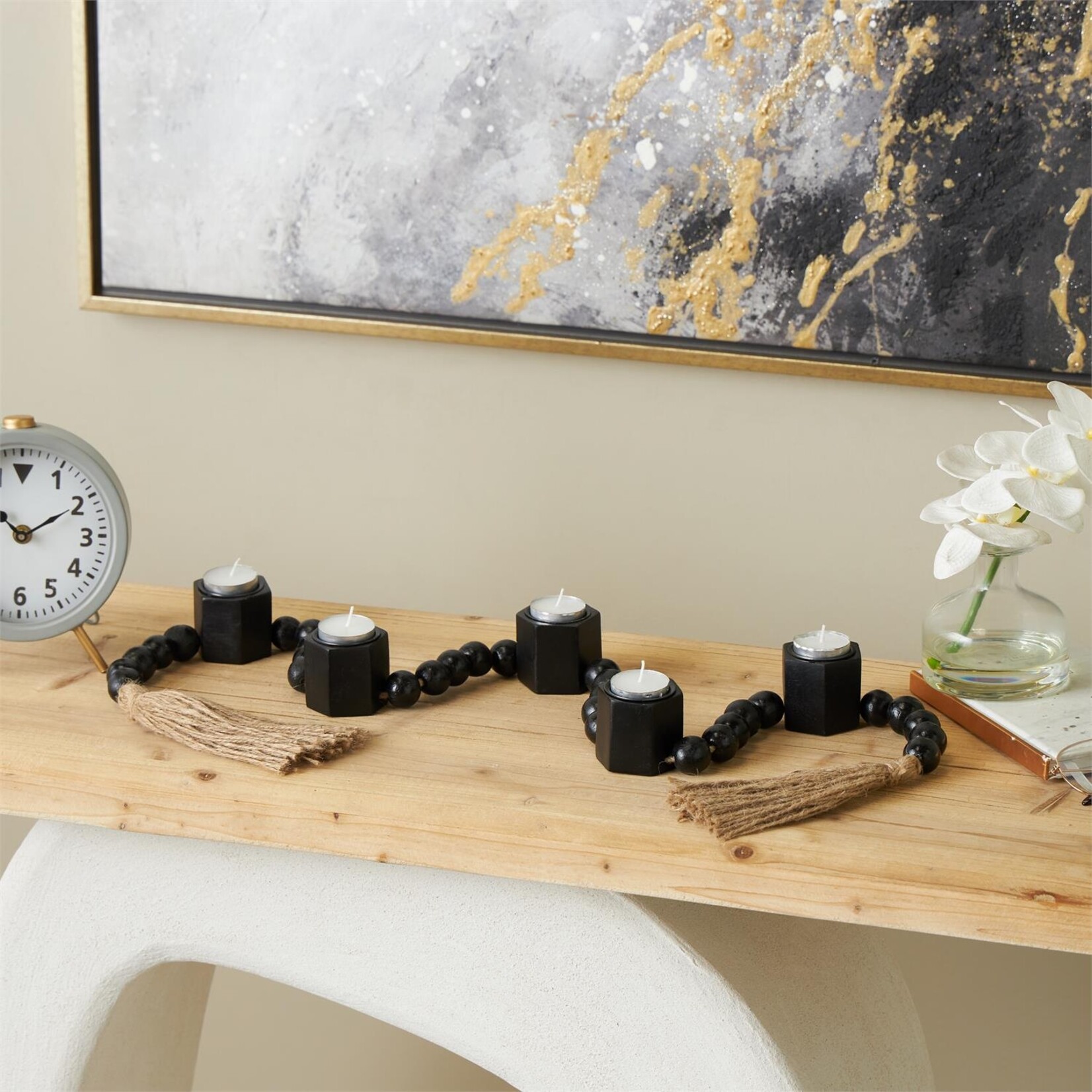 Deco Marche Black Mango Wood Garland Decorative Candle Holder with Brown Tassel