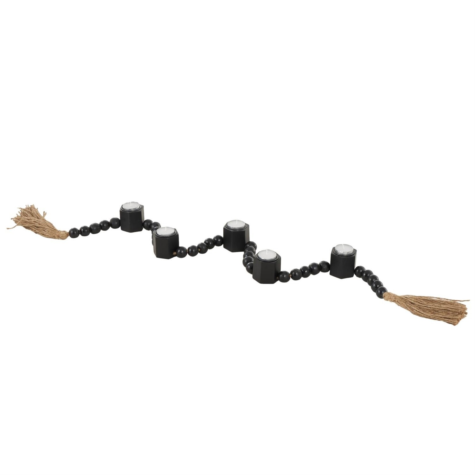 Deco Marche Black Mango Wood Garland Decorative Candle Holder with Brown Tassel