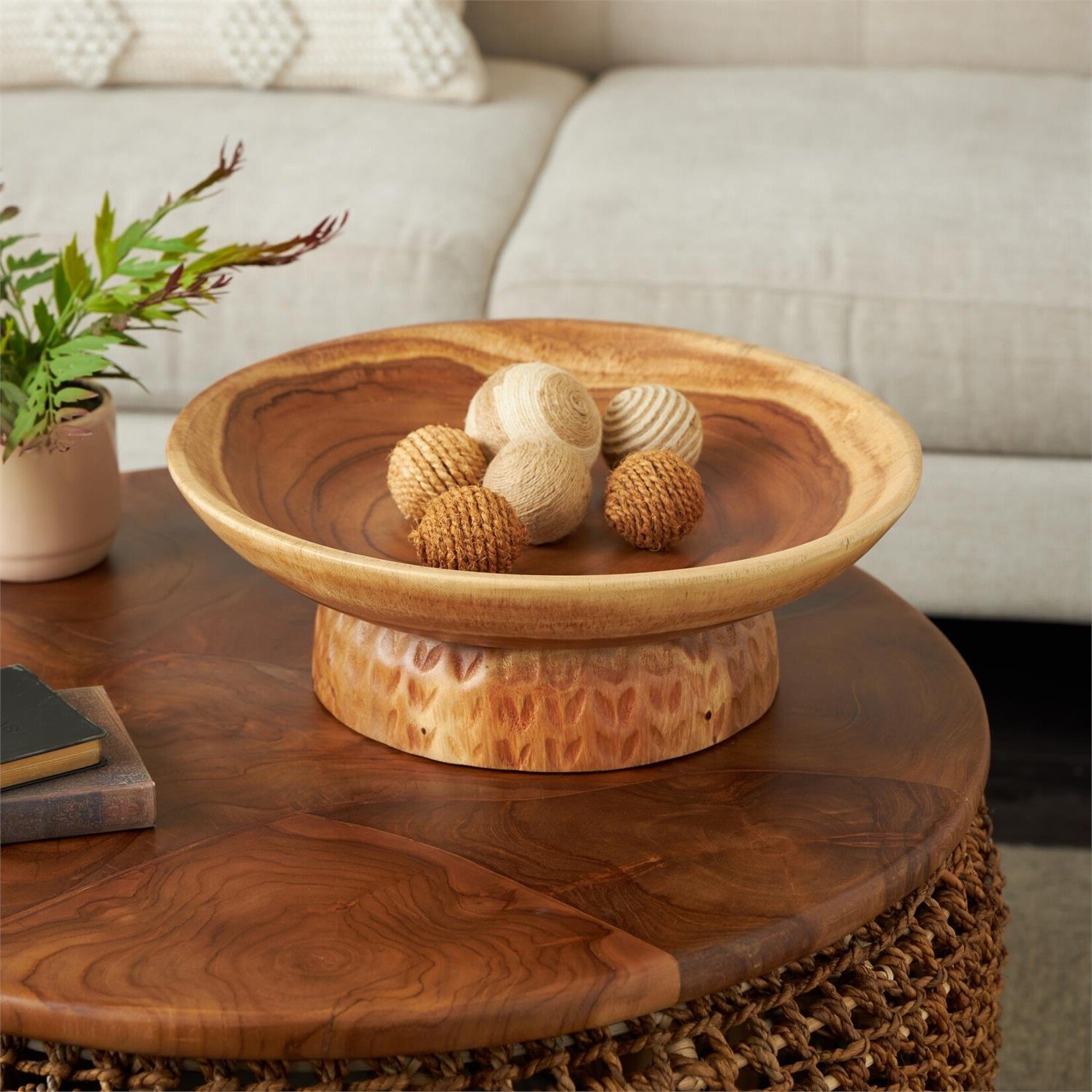Deco Marche Brown Teak Wood Large Decorative Bowl with Elevated Base