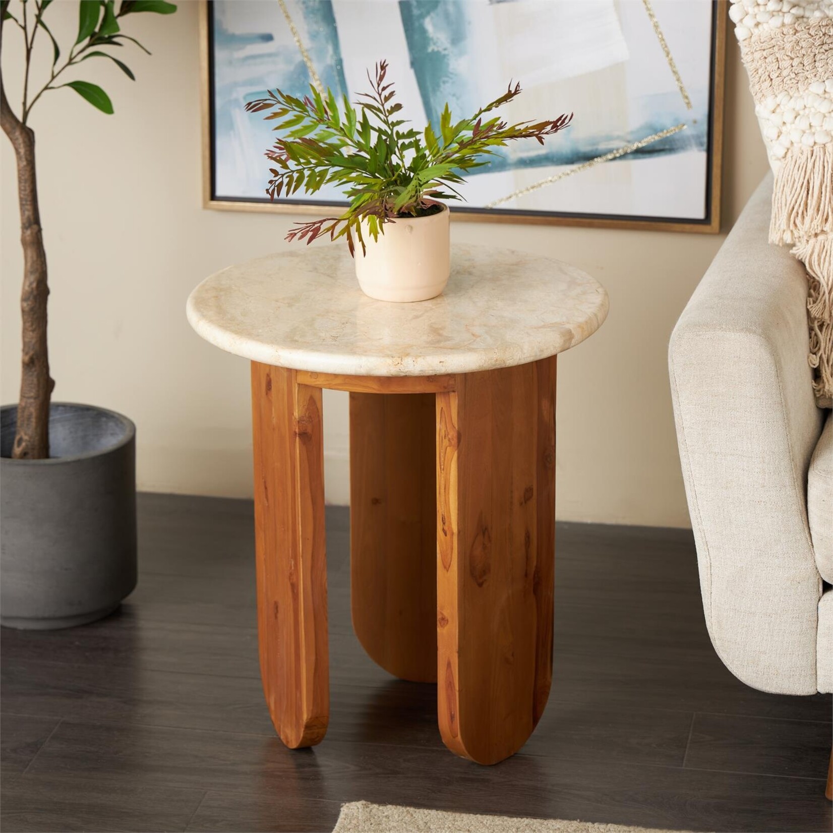 Deco Marche Brown Teak Wood End Accent Table with Beige Marble Tabletop