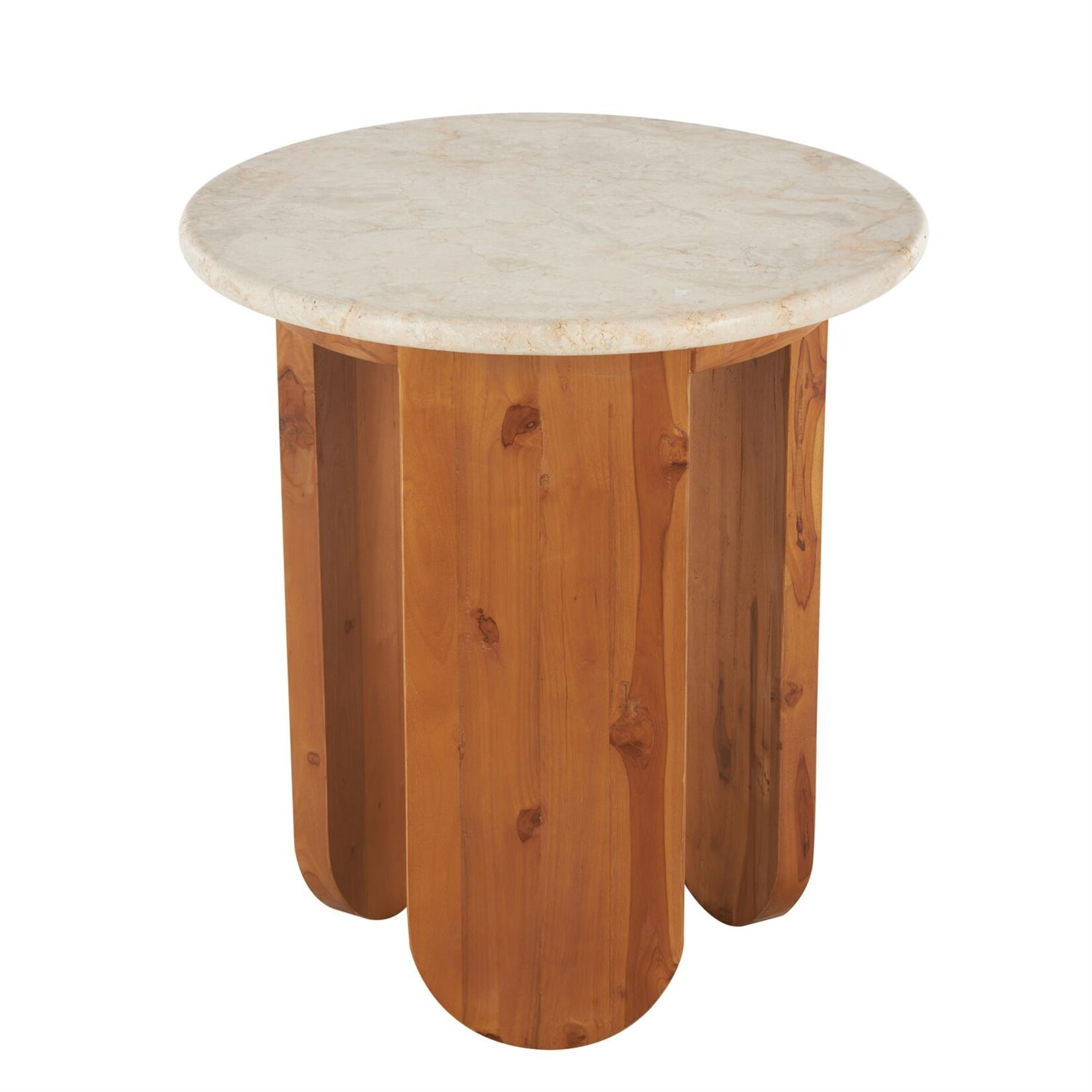 Deco Marche Brown Teak Wood End Accent Table with Beige Marble Tabletop