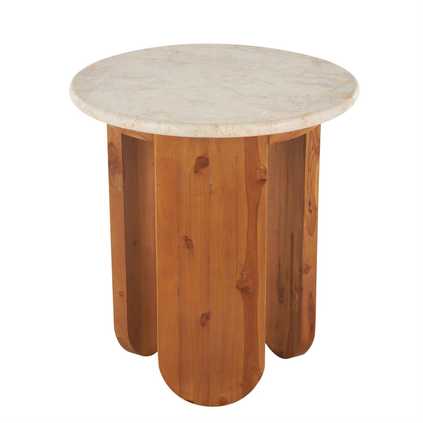 Deco Marche Brown Teak Wood End Accent Table with Beige Marble Tabletop