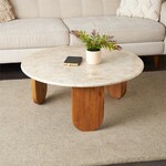 Deco Marche Brown Teak Wood Coffee Table with Beige Marble Tabletop