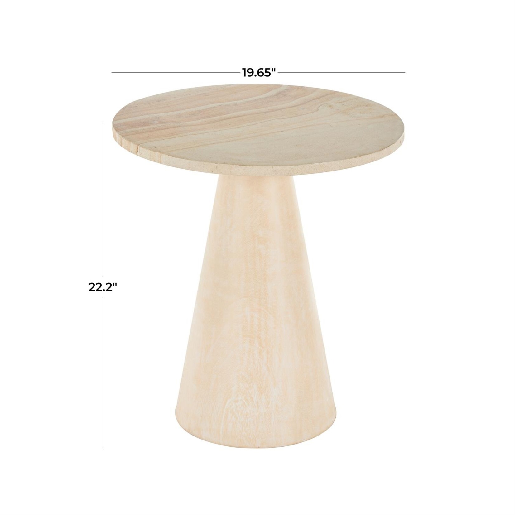 Deco Marche Cream Teak Wood Cone Accent Table with Beige Marble Tabletop