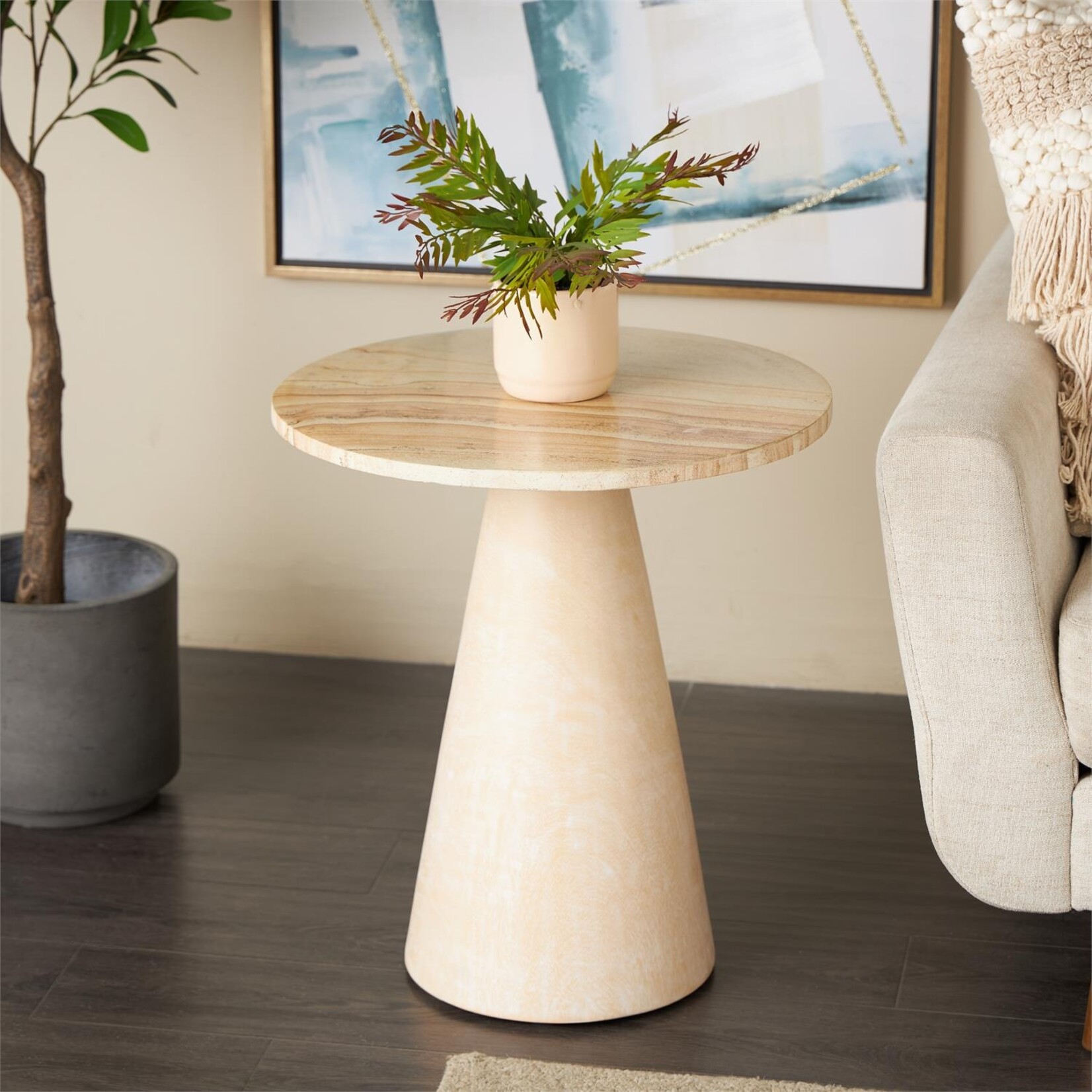 Deco Marche Cream Teak Wood Cone Accent Table with Beige Marble Tabletop