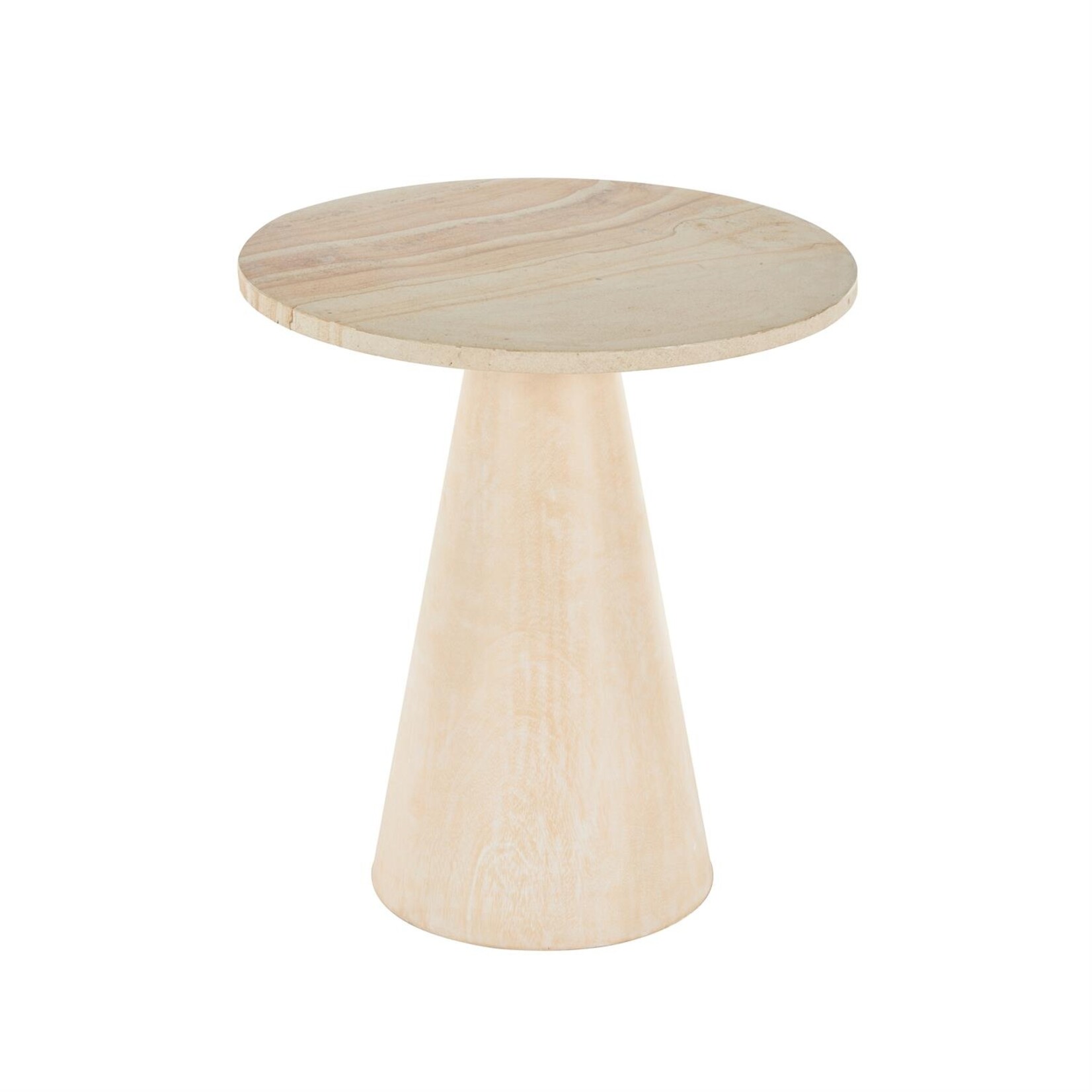 Deco Marche Cream Teak Wood Cone Accent Table with Beige Marble Tabletop